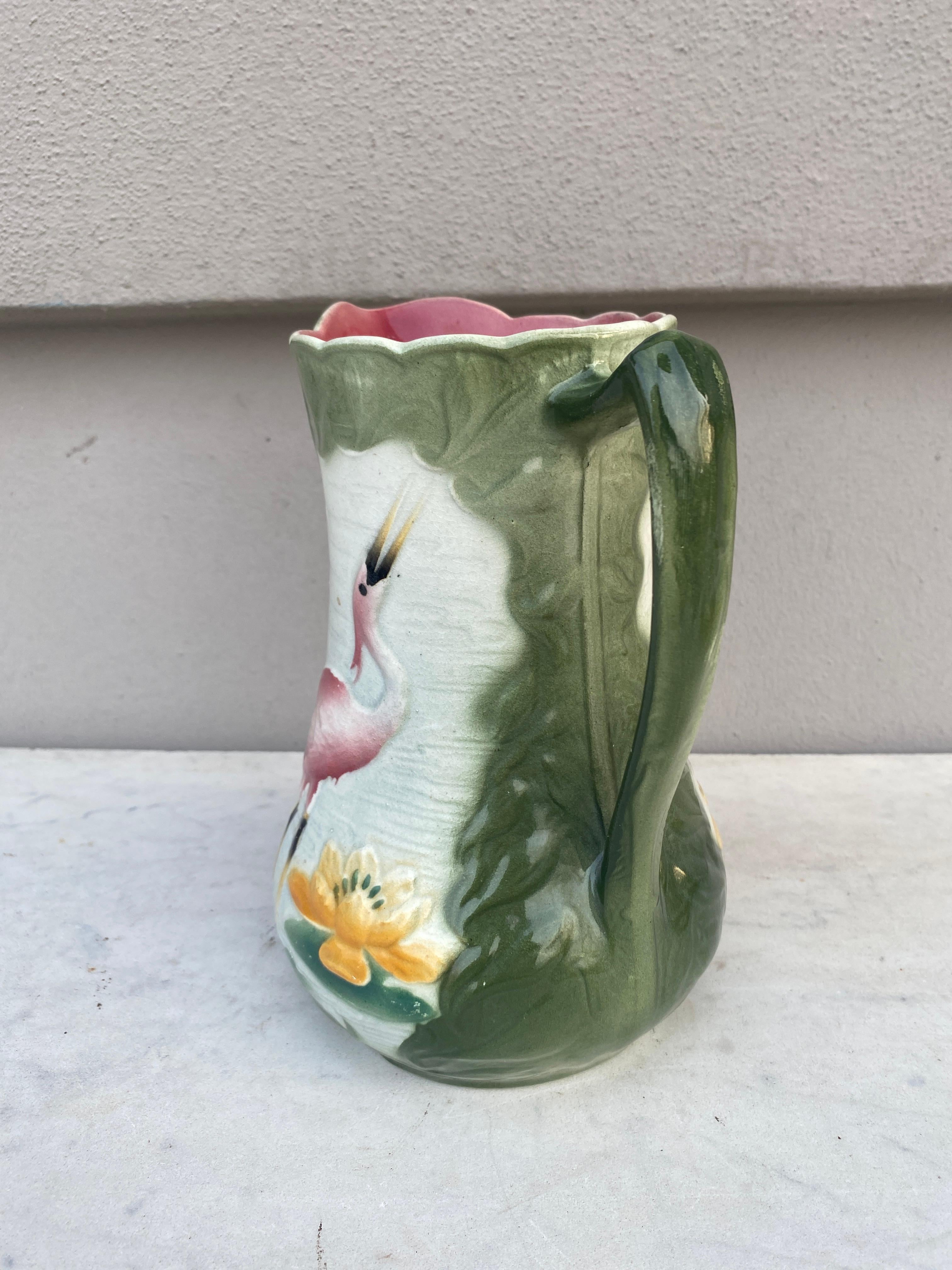 Early 20th Century French Majolica Heron Saint Clément Pitcher, circa 1900 For Sale
