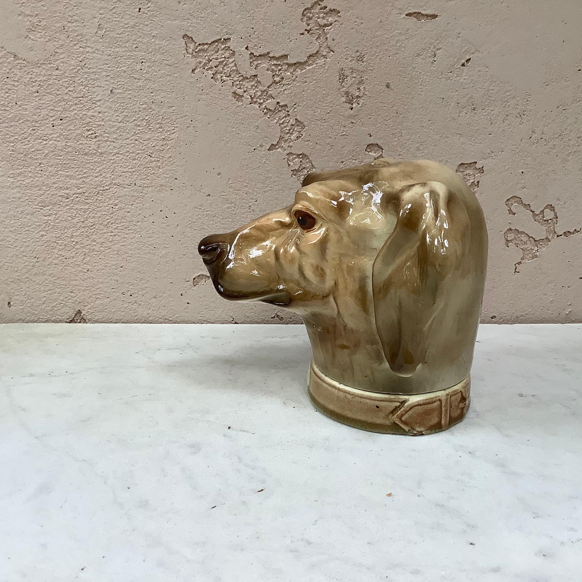 French Majolica Hound Medor Tobacco Jar Saint Clement In Good Condition For Sale In Austin, TX