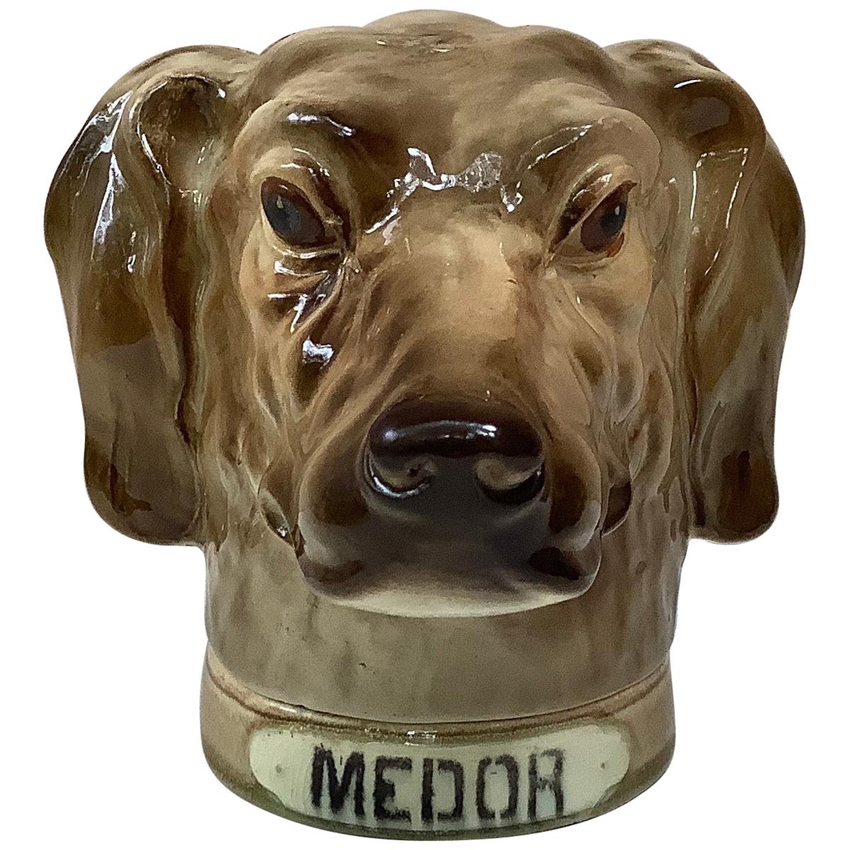 French Majolica Hound Medor Tobacco Jar Saint Clement For Sale