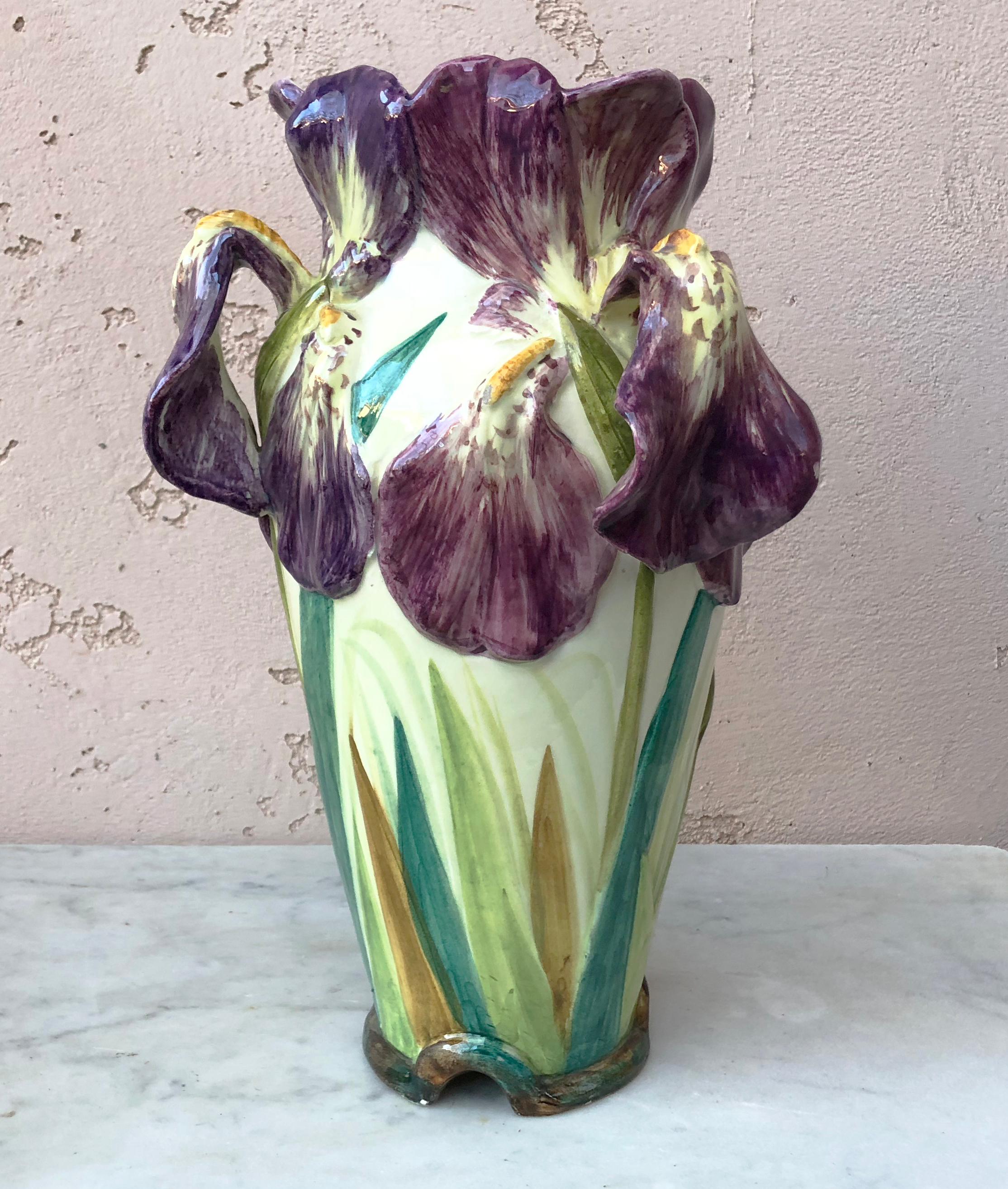 Large French Majolica vase with purple and pink iris Delphin Massier unsigned, circa 1880.