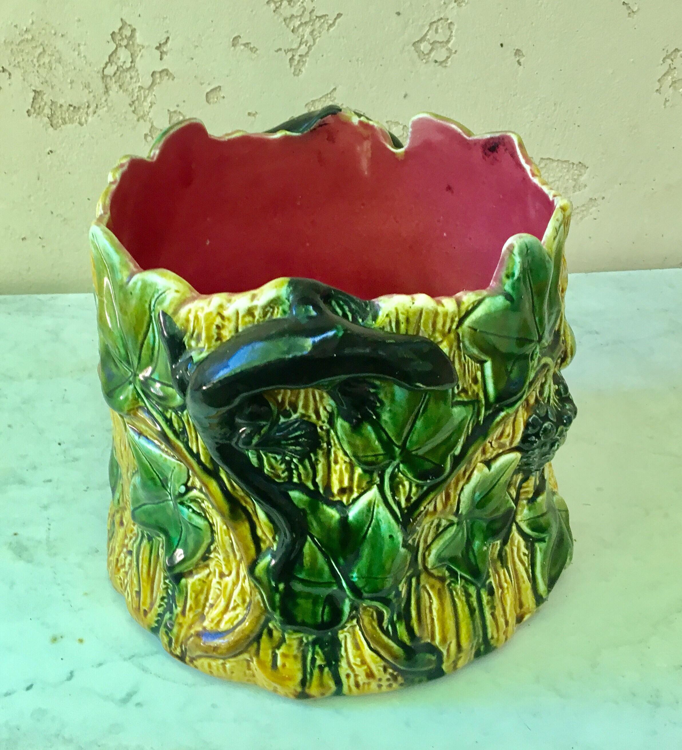 Rustic French Majolica Ivy and Lizards Jardinière, circa 1880
