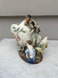 Französische Majolika Jardinière Ei und Vögel Edouard Gilles, um 1880