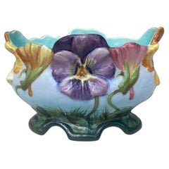 French Majolica Jardiniere Pansies Delphin Massier, Circa 1890