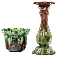 Antique French Majolica Jardinière & Pedestal Set
