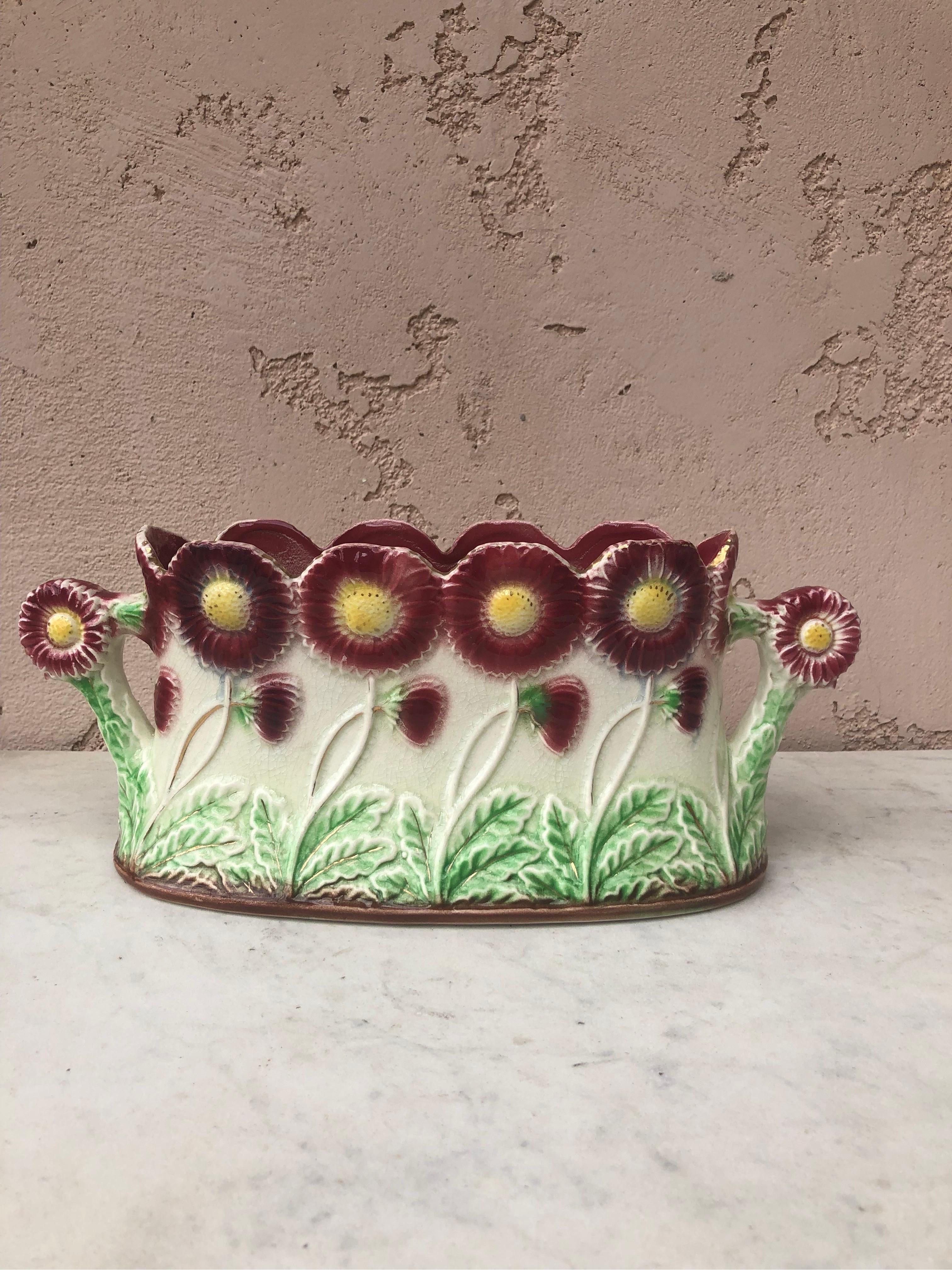 French Majolica Jardiniere With Daisies signed Onnaing Circa 1910.