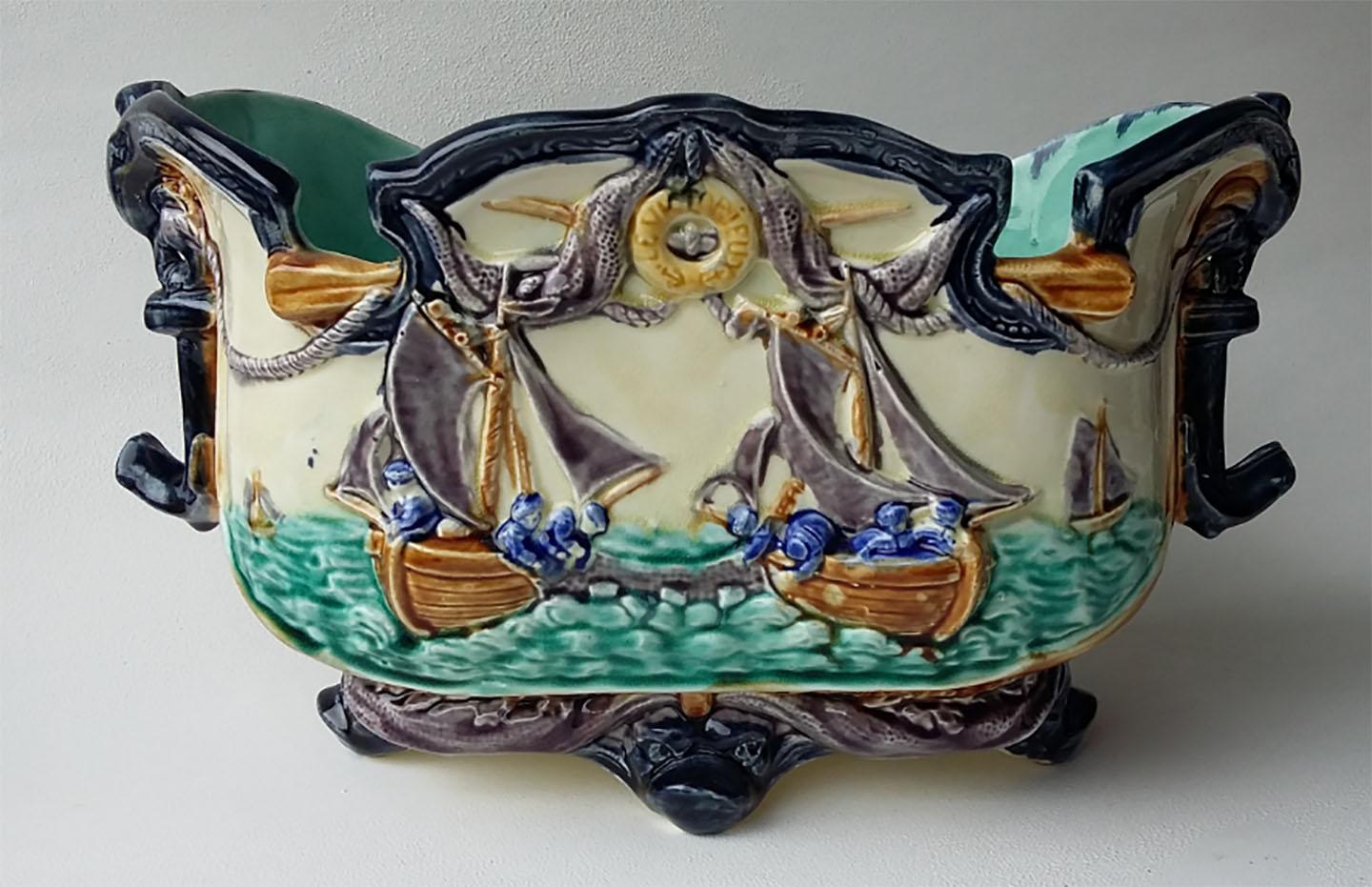 Rustic French Majolica Jardinière with Flowers Onnaing, circa 1890