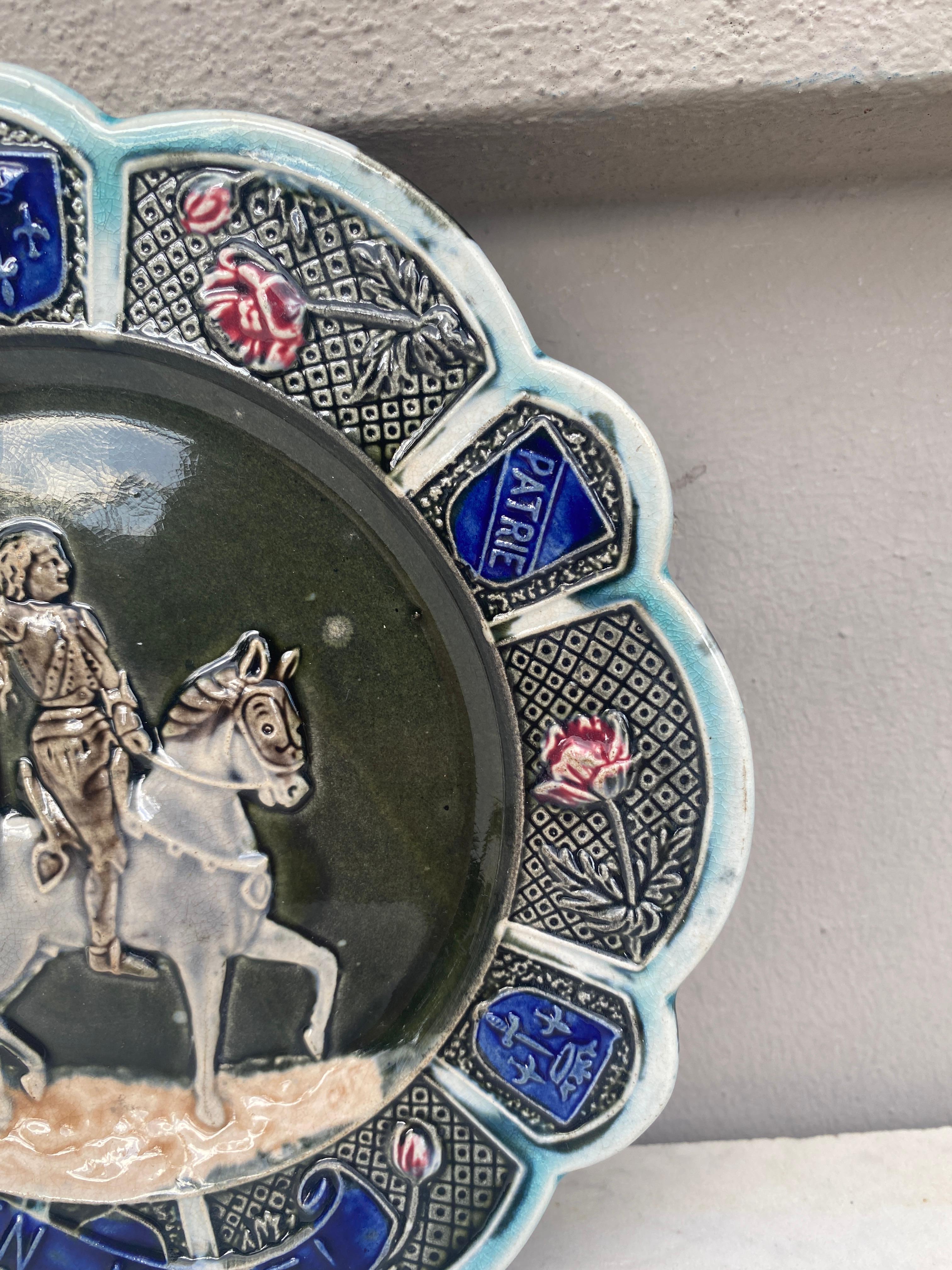 Rustic French Majolica Joan of Arc Plate Onnaing, circa 1890 For Sale