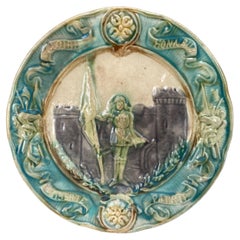 Antique French Majolica Joan of Arc Plate Onnaing, circa 1890