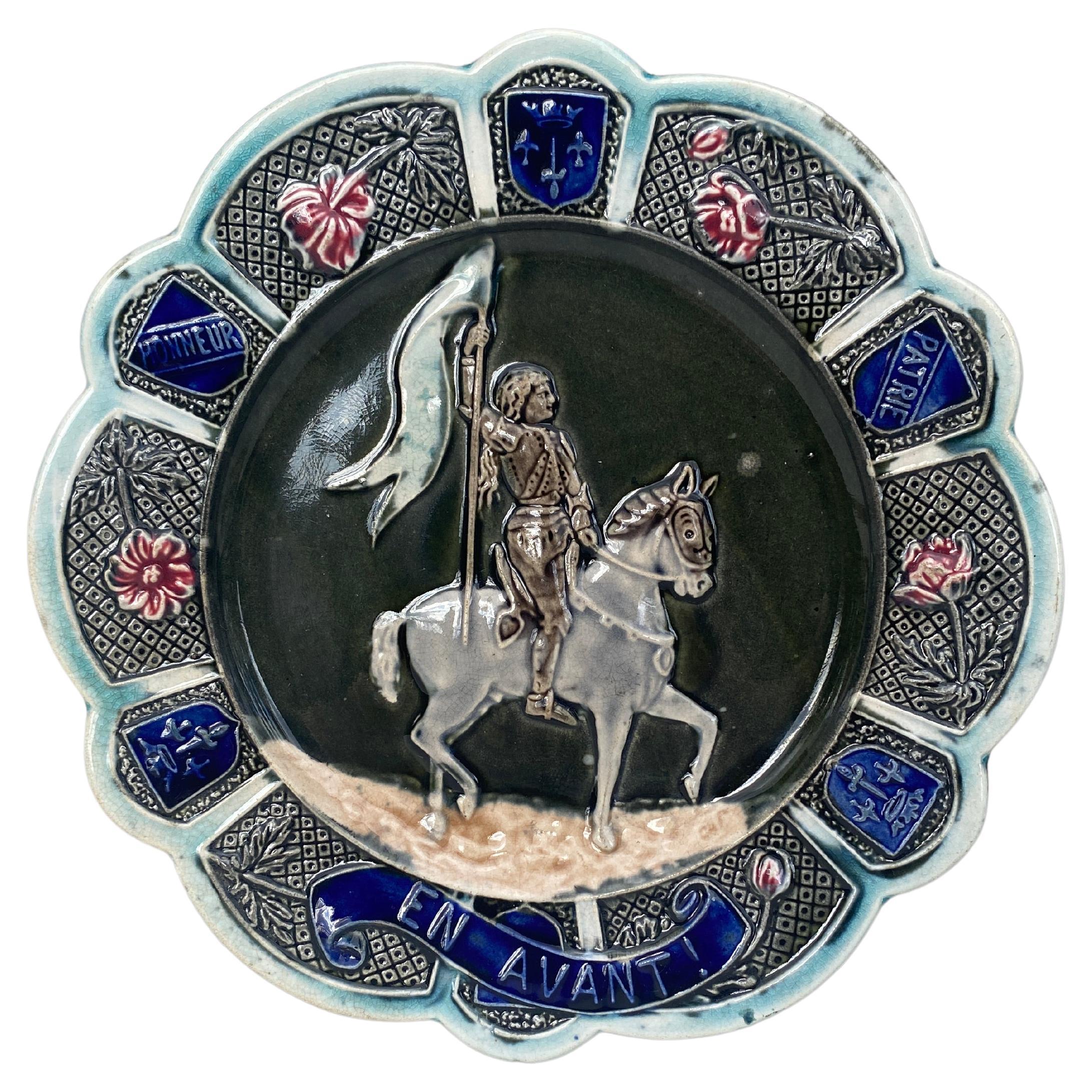 French Majolica Joan of Arc Plate Onnaing, circa 1890 For Sale