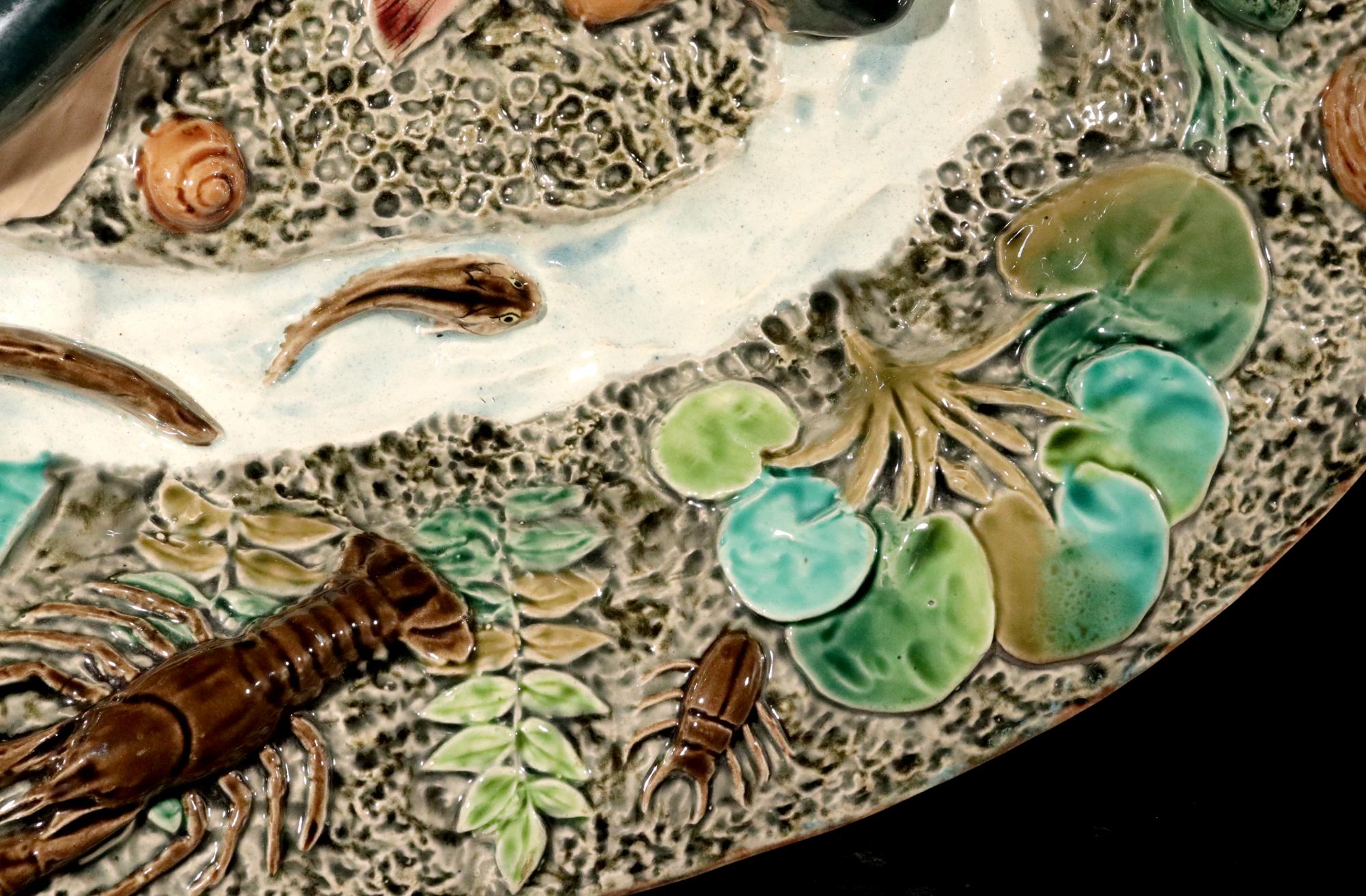 Französische Majolika Großes Fischgericht aus Palissy, Longchamps Hersteller. im Angebot 8