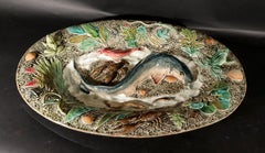 Plato grande de pescado de mayólica francesa Palissy, fabricante Longchamp.