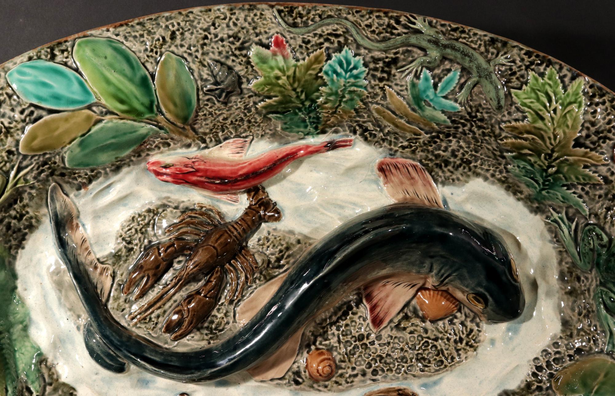 Französische Majolika Großes Fischgericht aus Palissy, Longchamps Hersteller. im Angebot 1