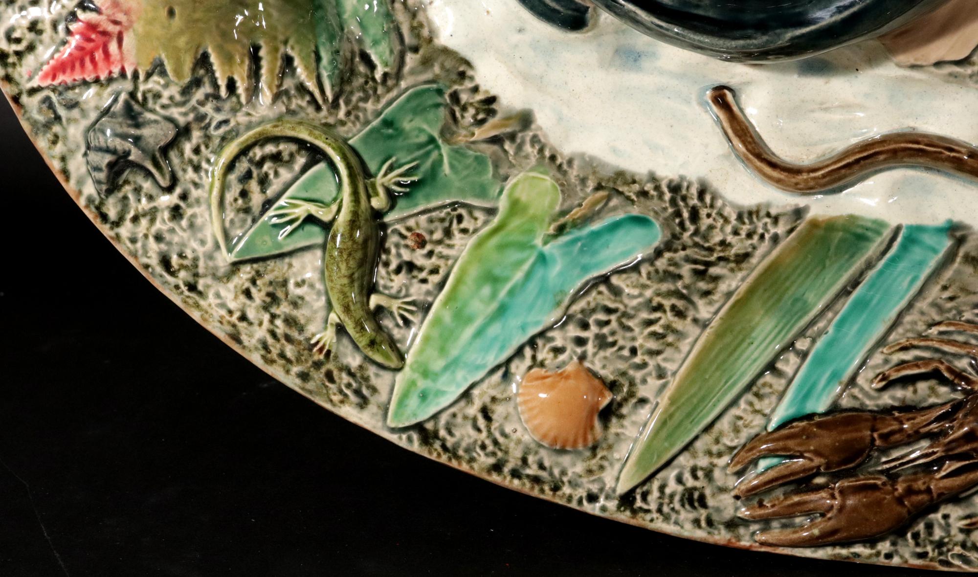 Französische Majolika Großes Fischgericht aus Palissy, Longchamps Hersteller. im Angebot 3