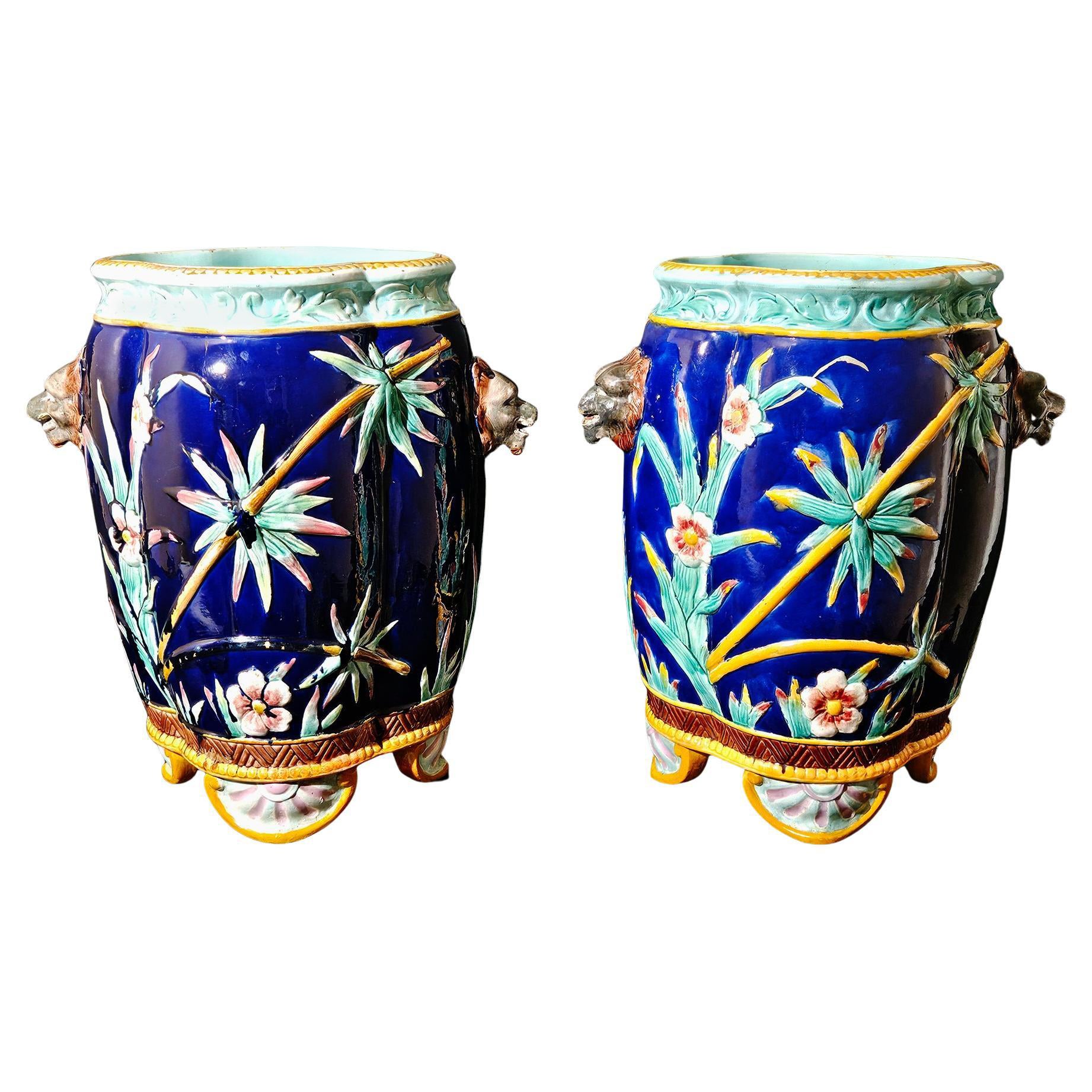 French Majolica Large Urns- A Pair
