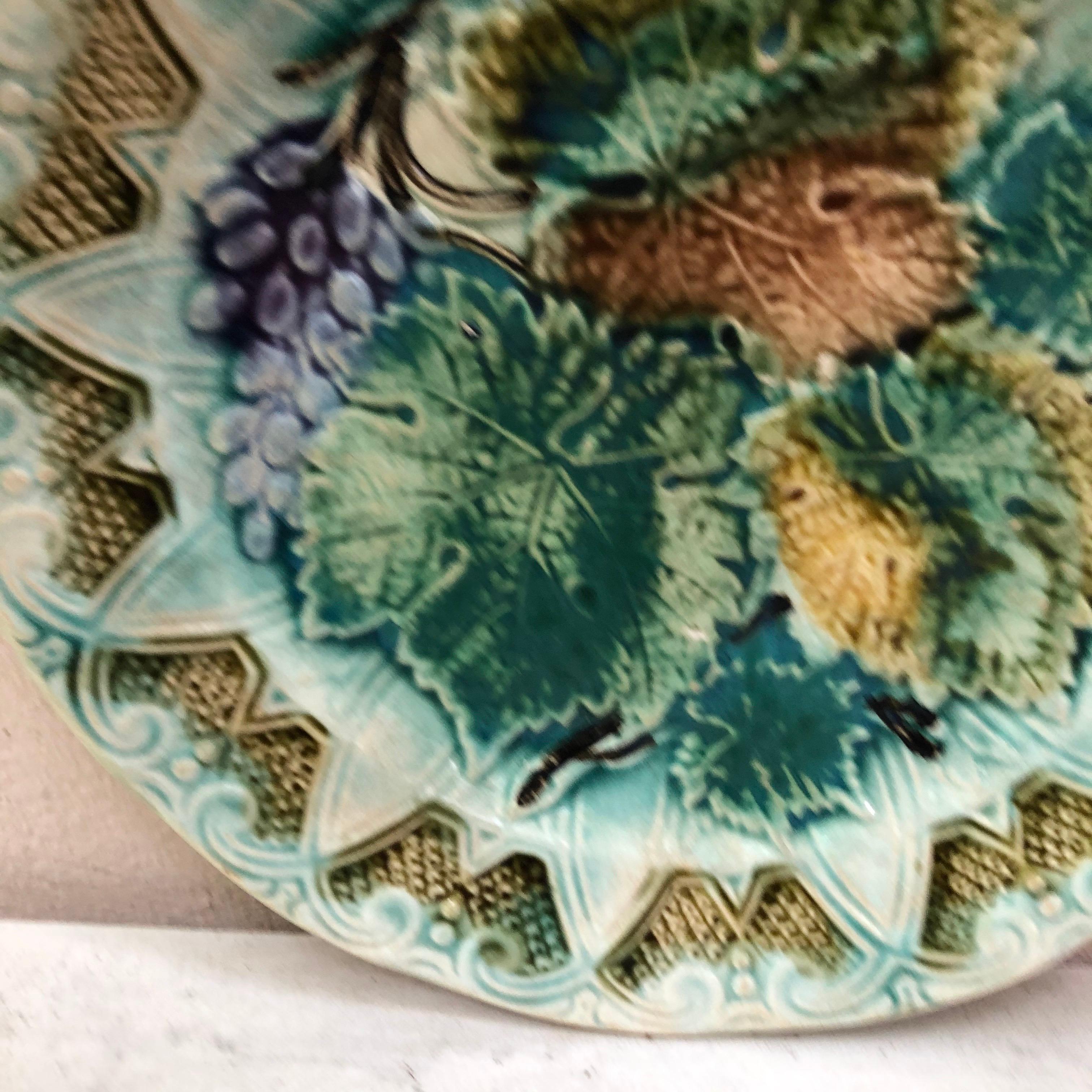 French Majolica leaves & grapes plate Onnaing, circa 1900.