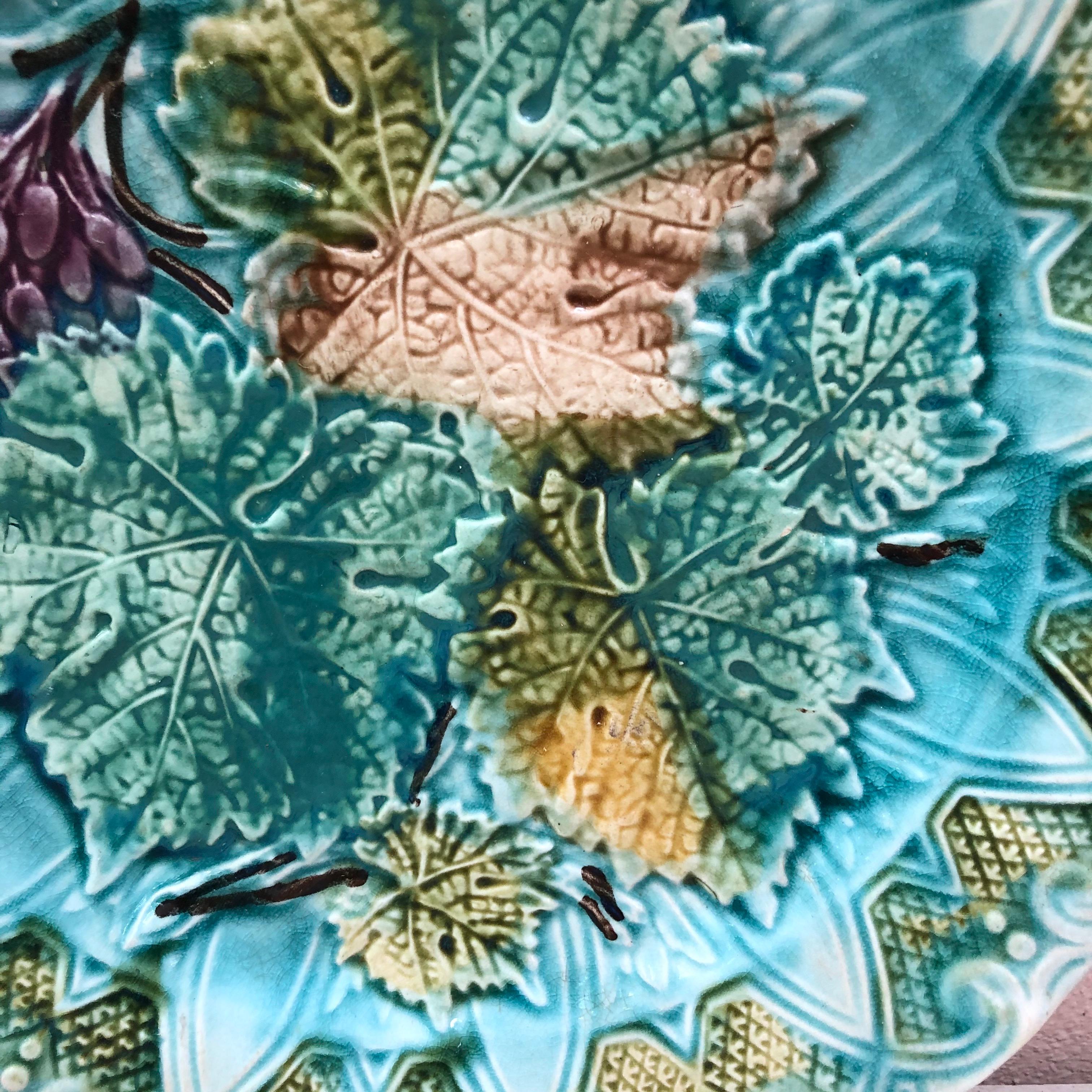 Country French Majolica Leaves & Grapes Plate Onnaing, circa 1900 For Sale