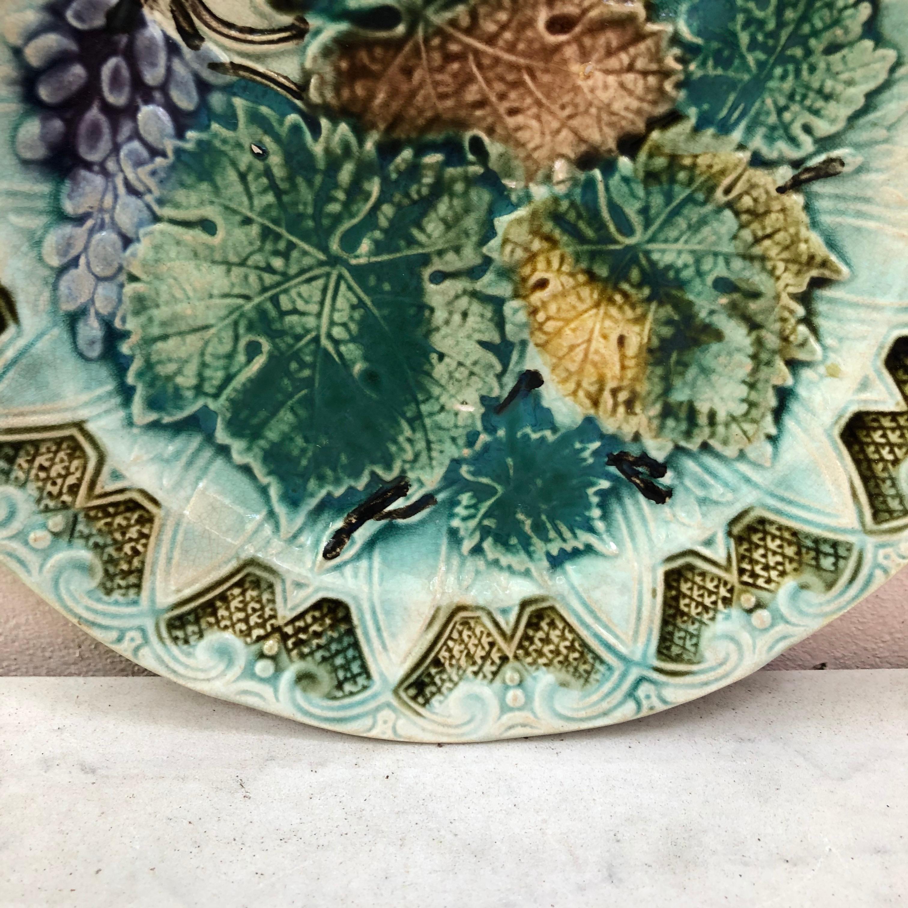 Country French Majolica Leaves & Grapes Plate Onnaing, circa 1900 For Sale