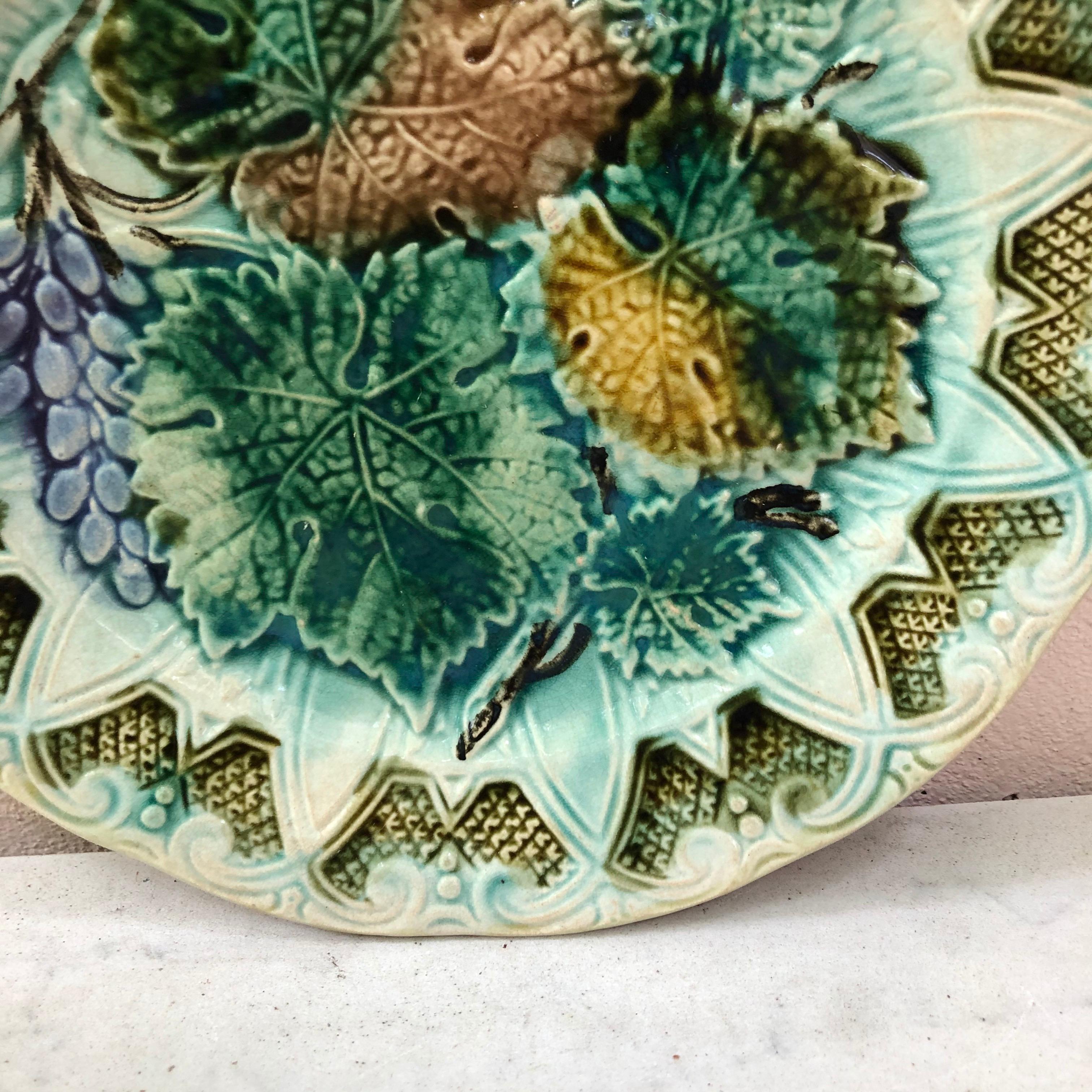 Country French Majolica Leaves & Grapes Plate Onnaing, circa 1900
