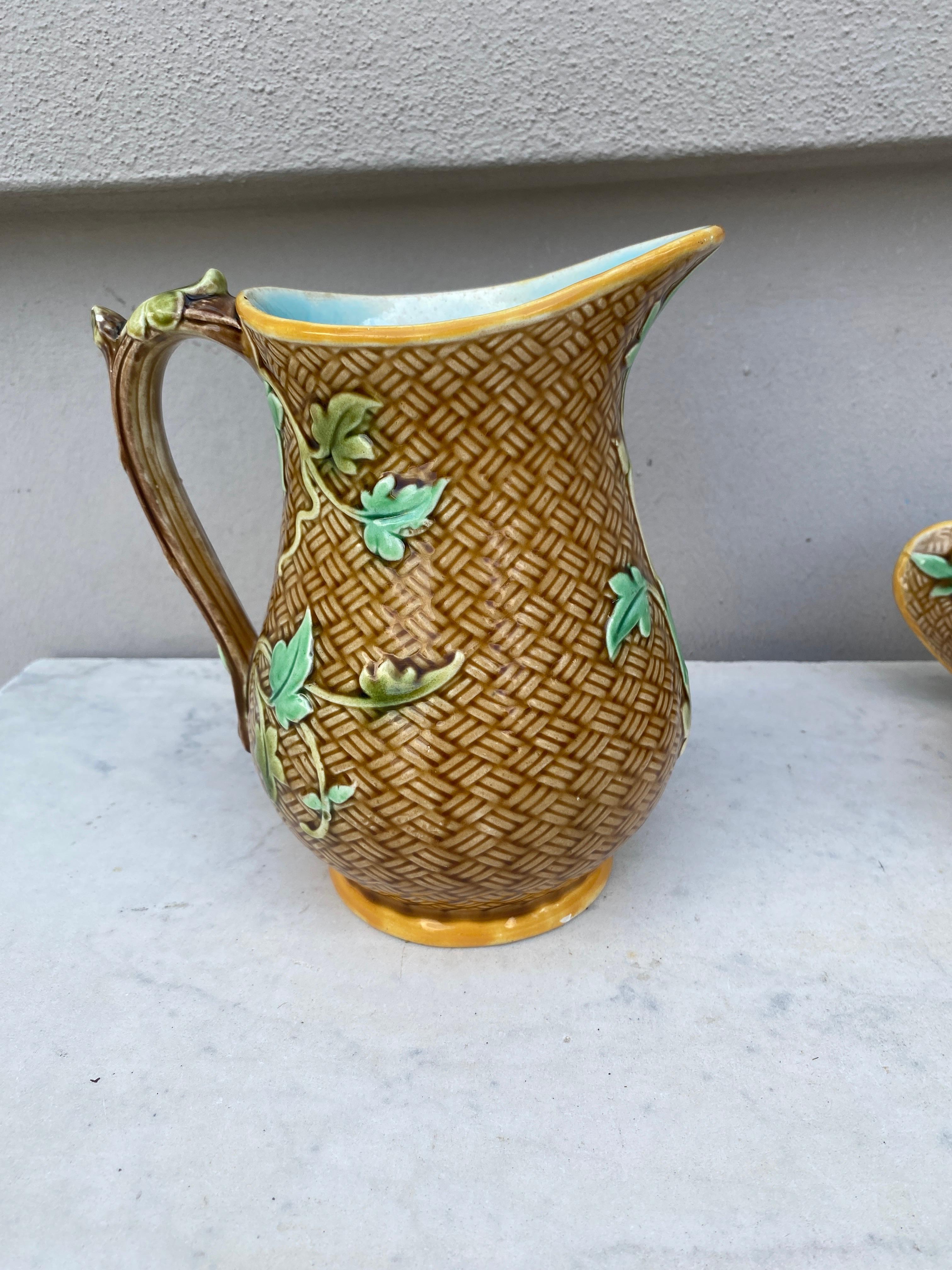 Late 19th Century French Majolica Leaves Pitcher Sarreguemines, circa 1870 For Sale