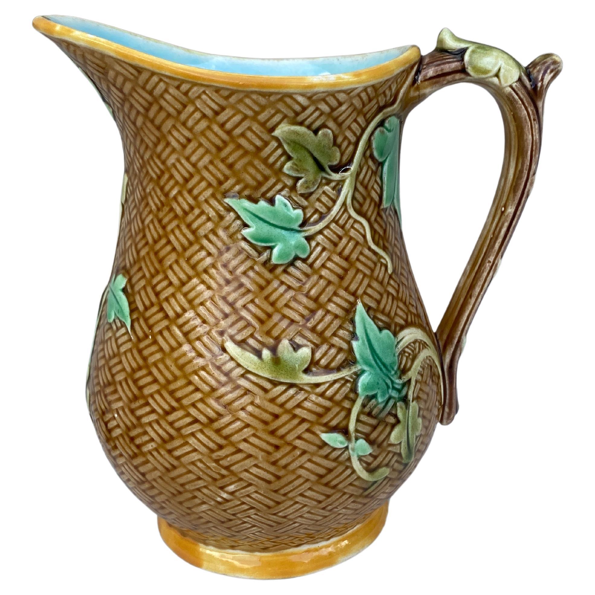 French Majolica Leaves Pitcher Sarreguemines, circa 1870 For Sale