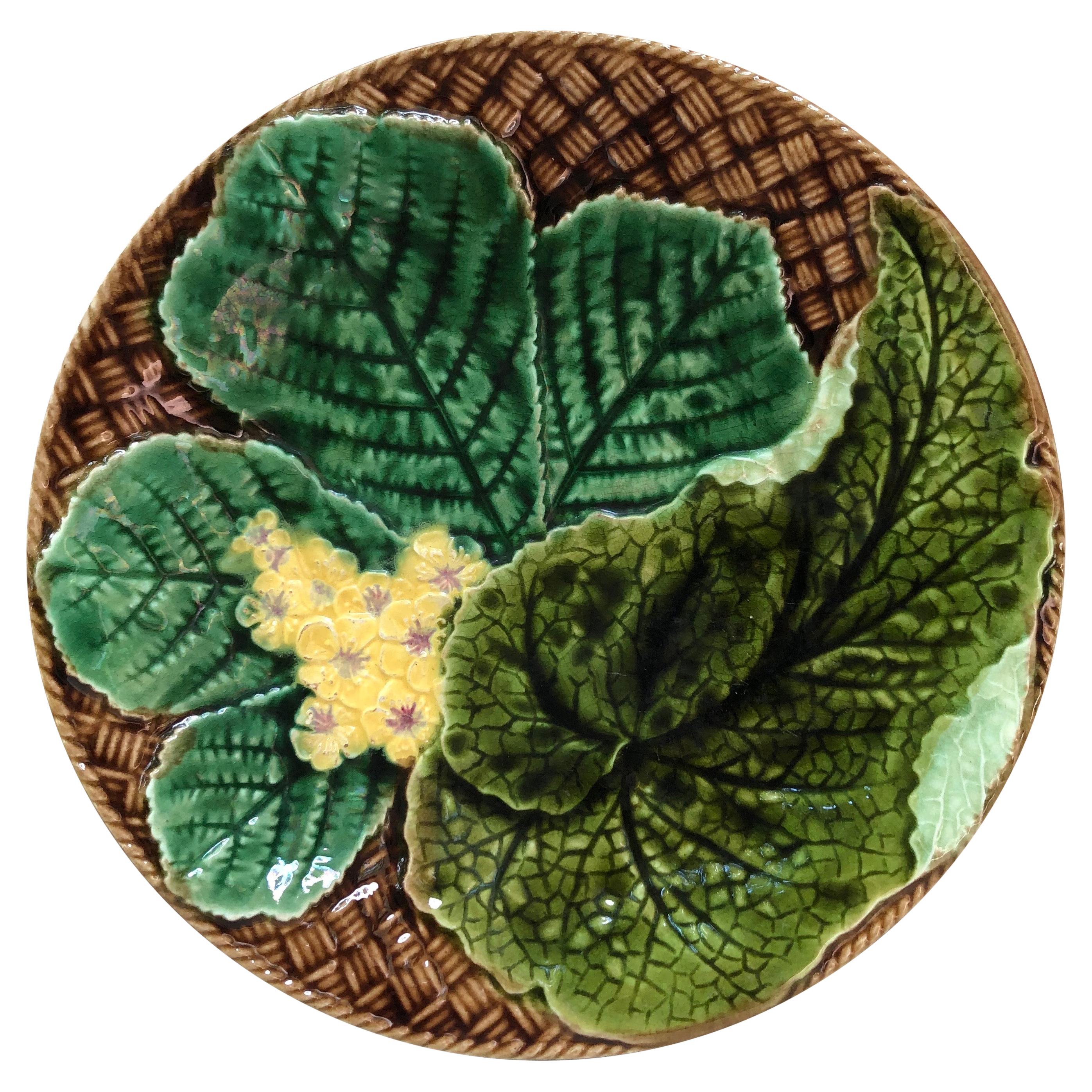 French Majolica Leaves & Yellow Flowers Plate Clairefontaine, circa 1890 For Sale