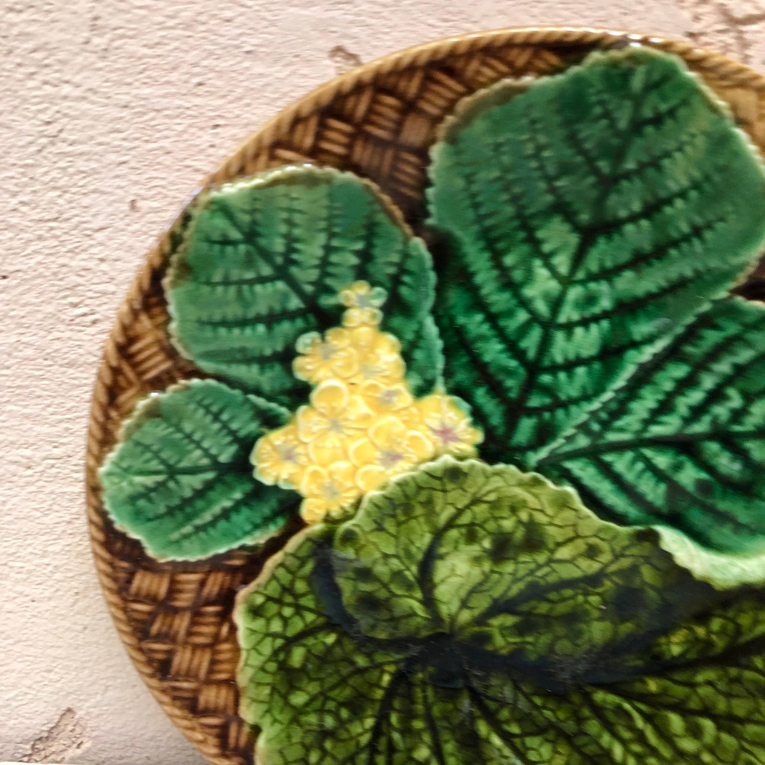 French Majolica leaves and yellow flowers plate Clairefontaine, circa 1890.