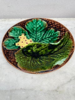 French Majolica Leaves & Yellow Flowers Plate Clairefontaine, circa 1890