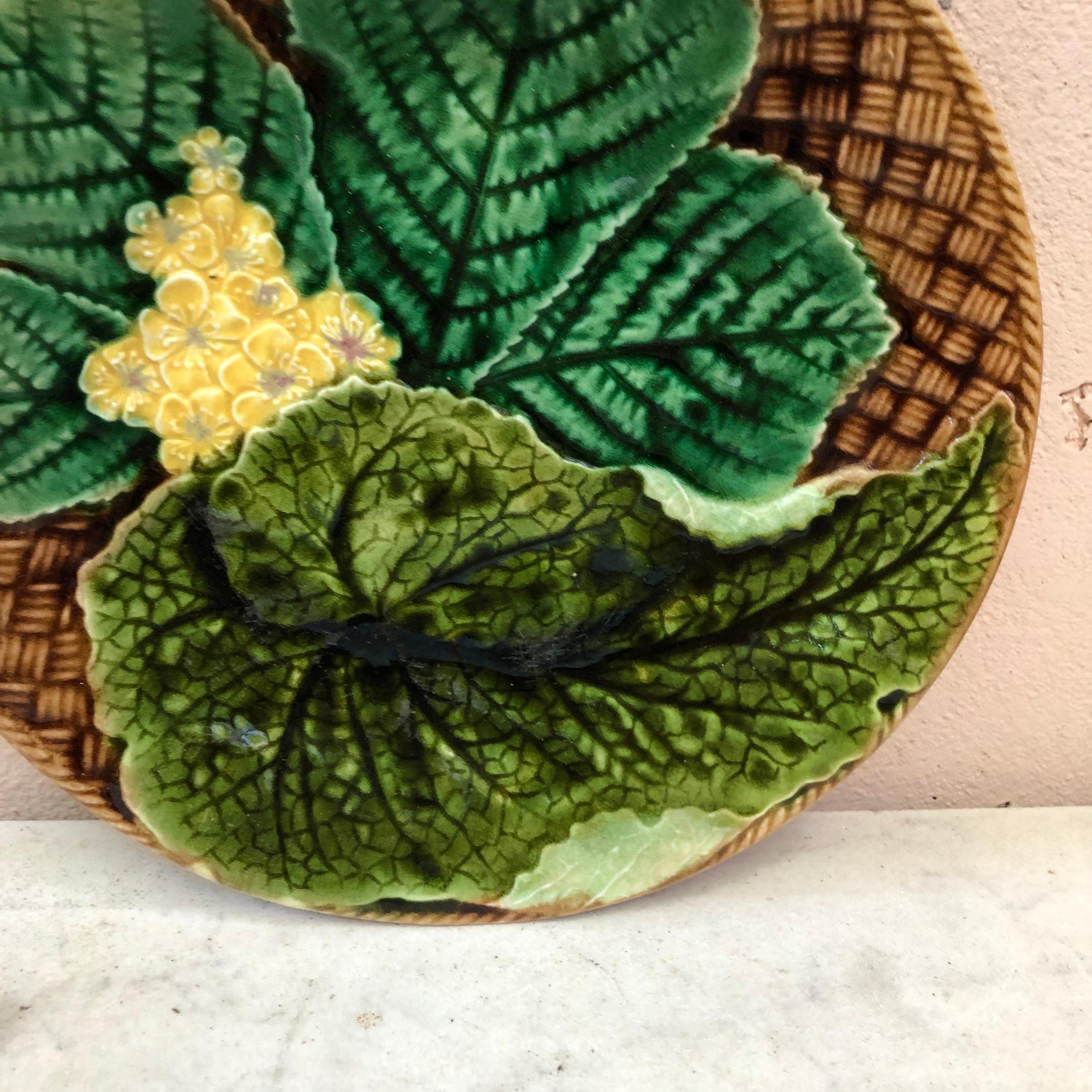 Rustic French Majolica Leaves & Yellow Flowers Plate Clairefontaine, circa 1890 For Sale