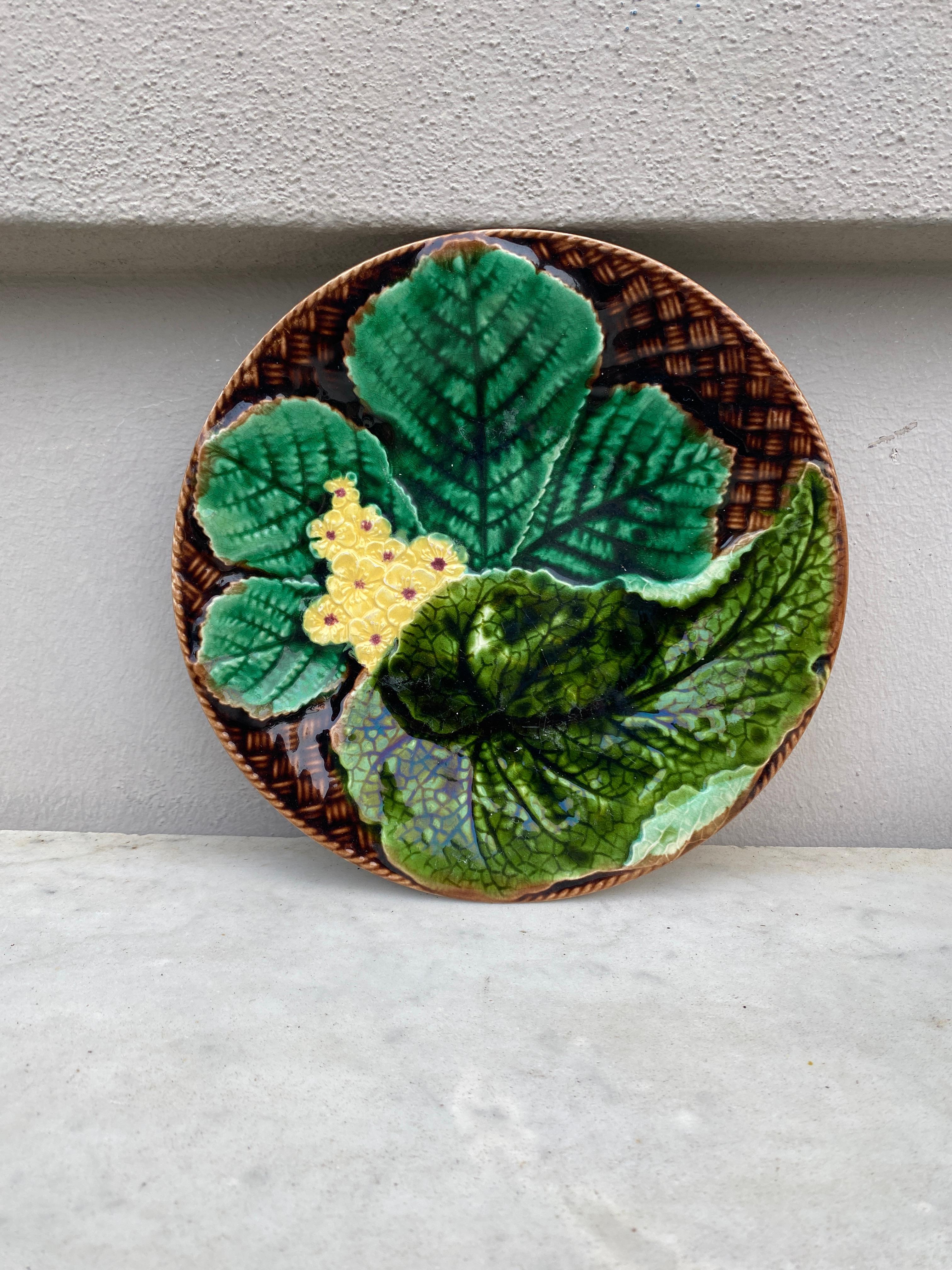 Rustic French Majolica Leaves & Yellow Flowers Plate Clairefontaine, circa 1890 For Sale