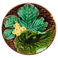 Antique French Majolica Leaves & Yellow Flowers Plate Clairefontaine, circa 1890