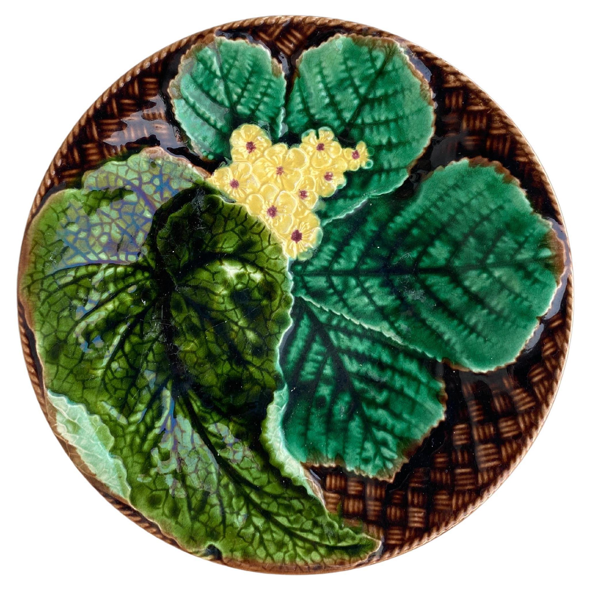 French Majolica Leaves & Yellow Flowers Plate Clairefontaine, circa 1890