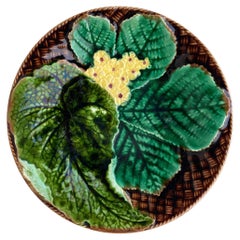 French Majolica Leaves & Yellow Flowers Plate Clairefontaine, circa 1890