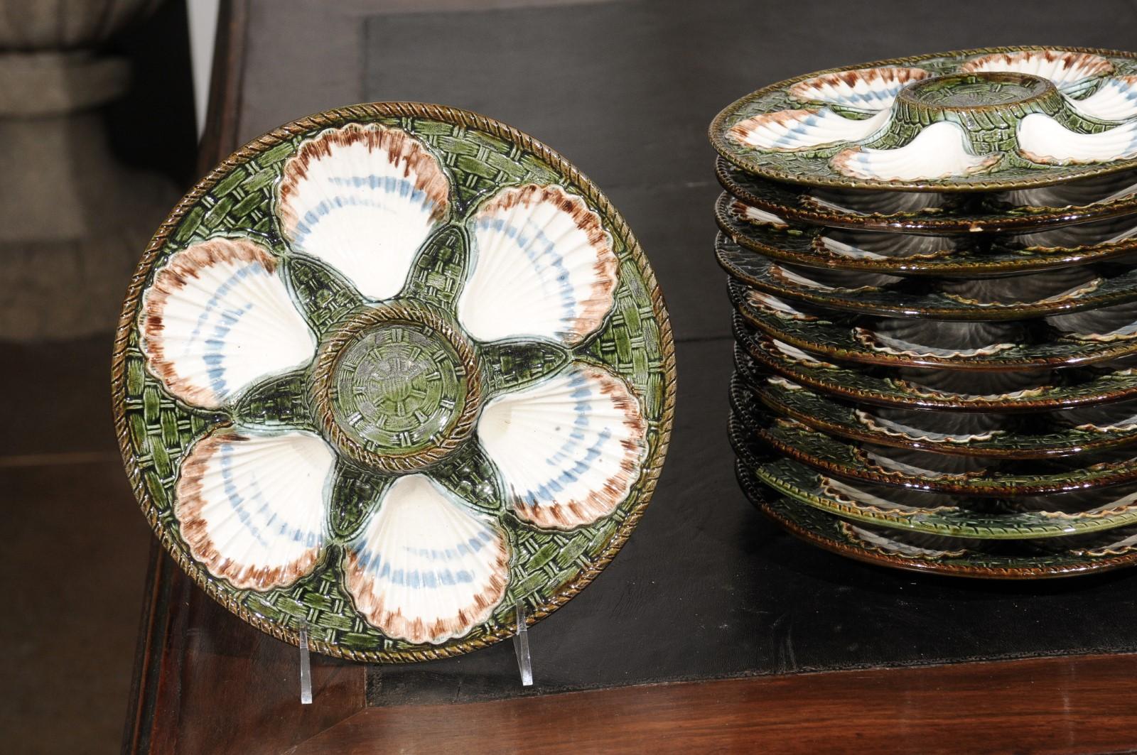 19th Century French Majolica Longchamp Terre de Fer Green Scallop Plates, 5 Available