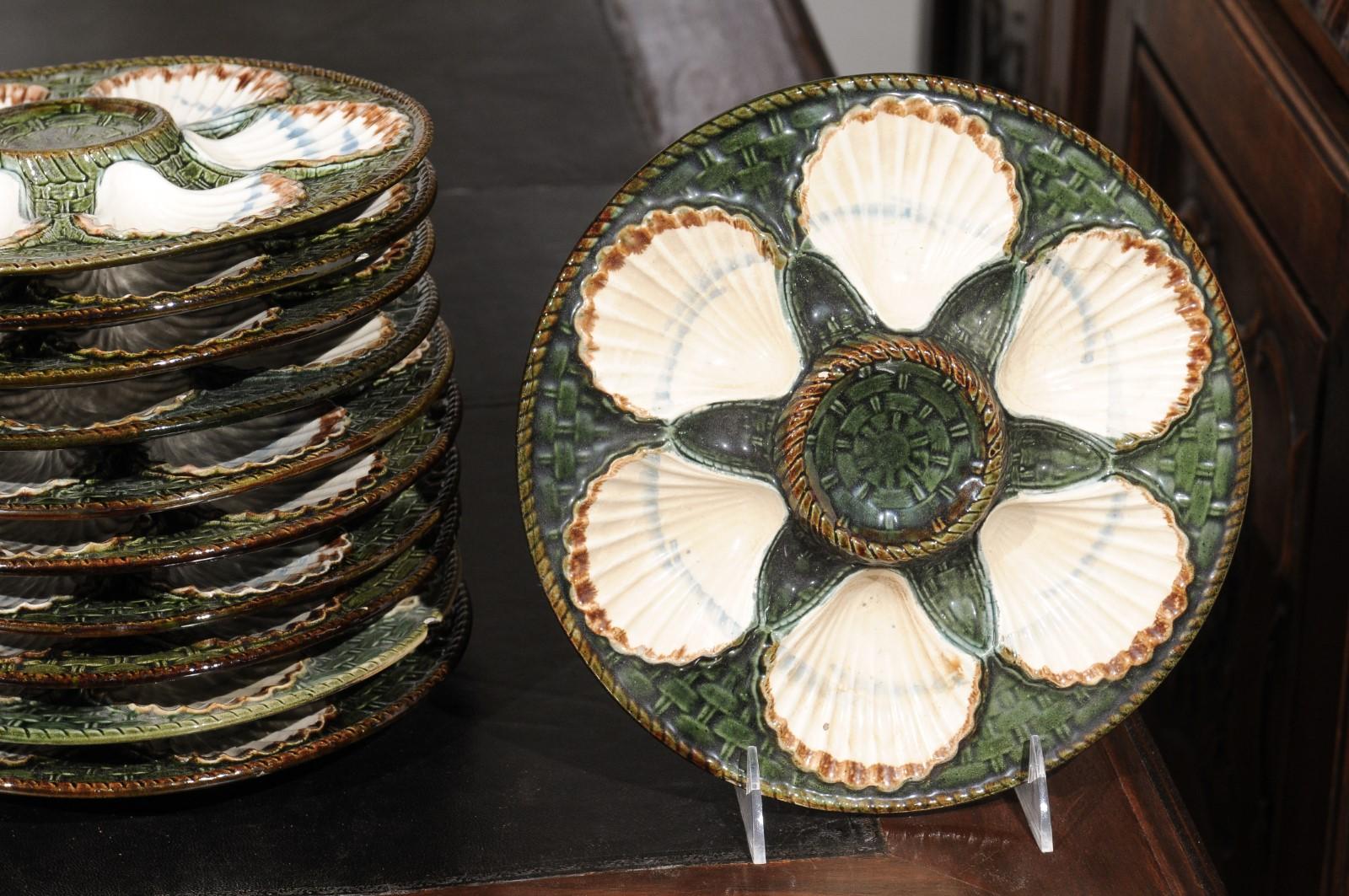 French Majolica Longchamp Terre de Fer Green Scallop Plates, 5 Available 1