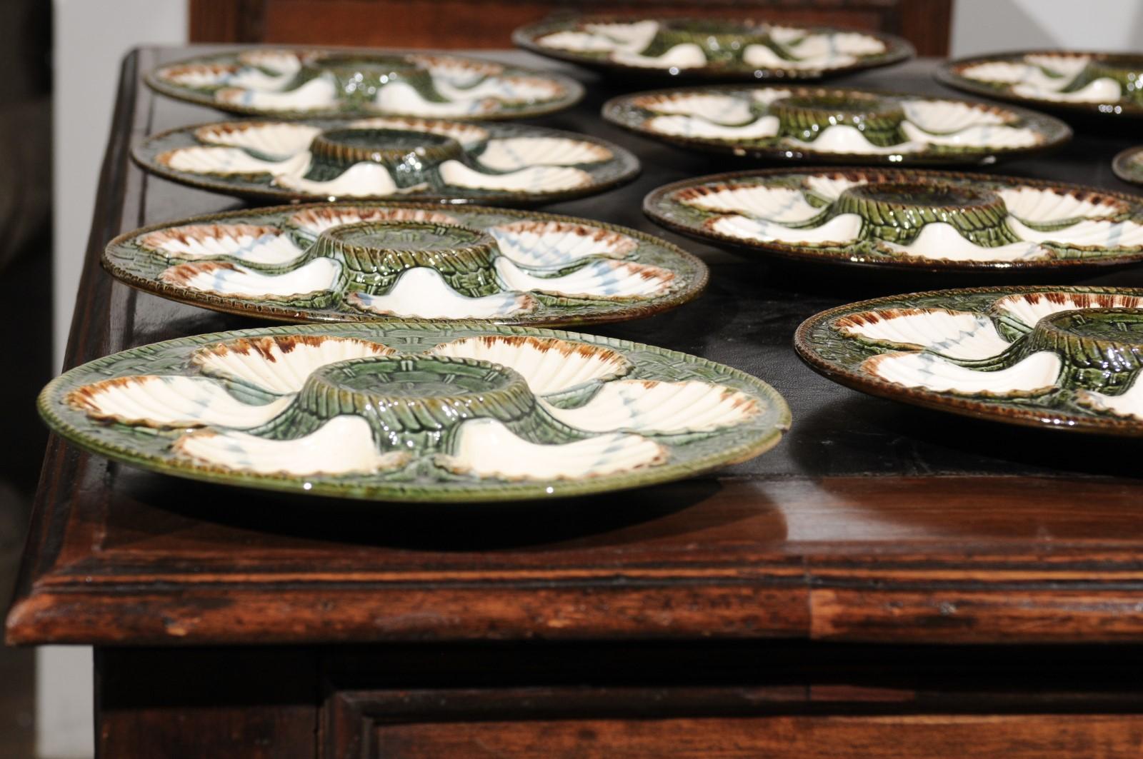French Majolica Longchamp Terre de Fer Green Scallop Plates, 5 Available 5