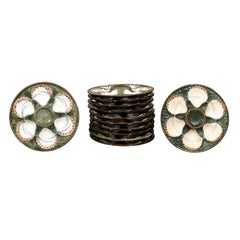 French Majolica Longchamp Terre de Fer Green Scallop Plates, 5 Available