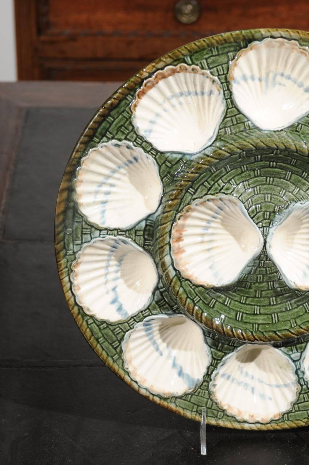 19th Century French Majolica Longchamp Terre de Fer Green, White and Brown Scallop Platter