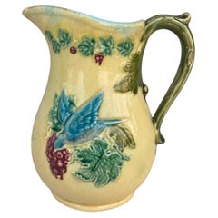 French Majolica Luneville Bird & Grapes Pitcher Circa 1900