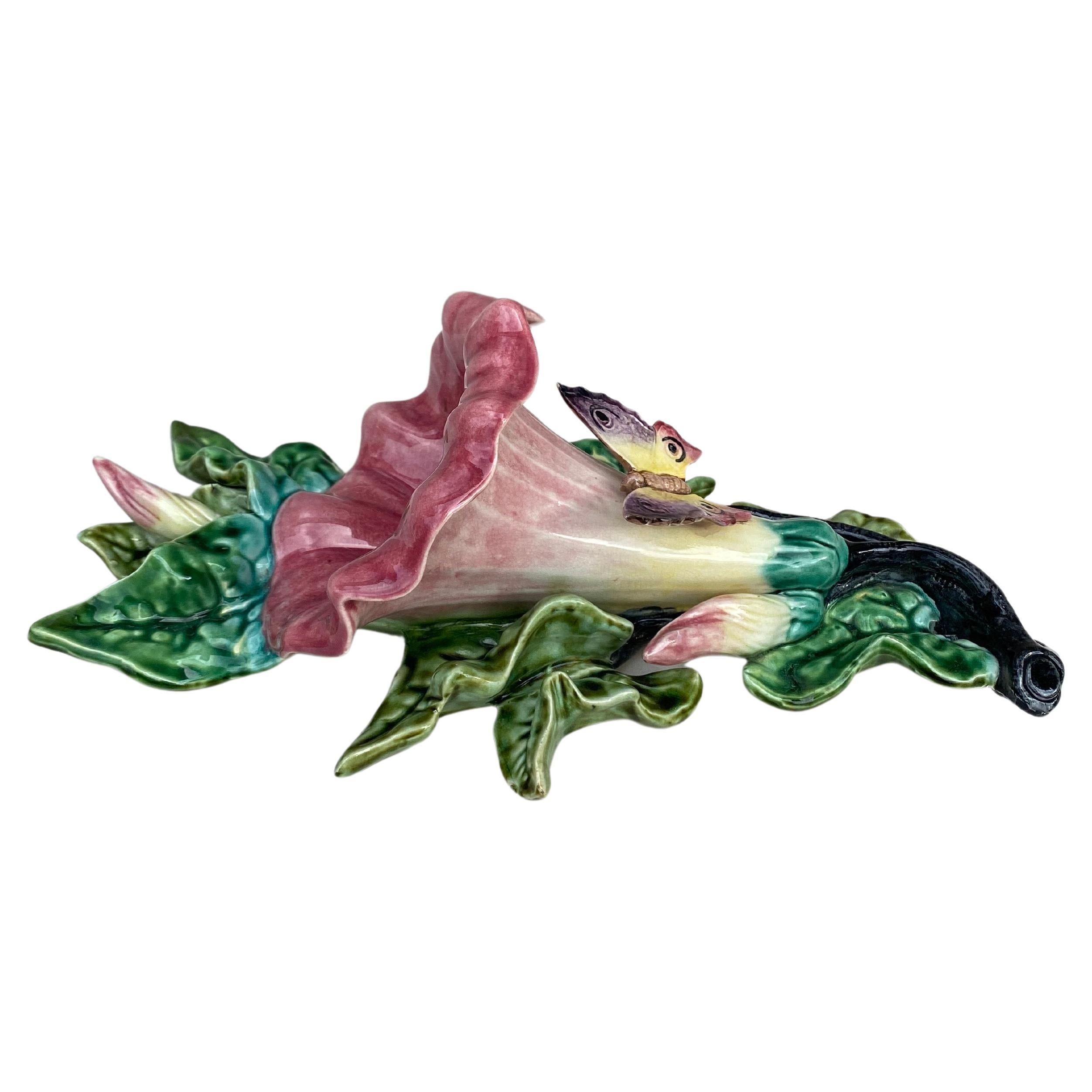 French Majolica morning glory wall pocket Fives Lille, circa 1890.
With a butterfly.