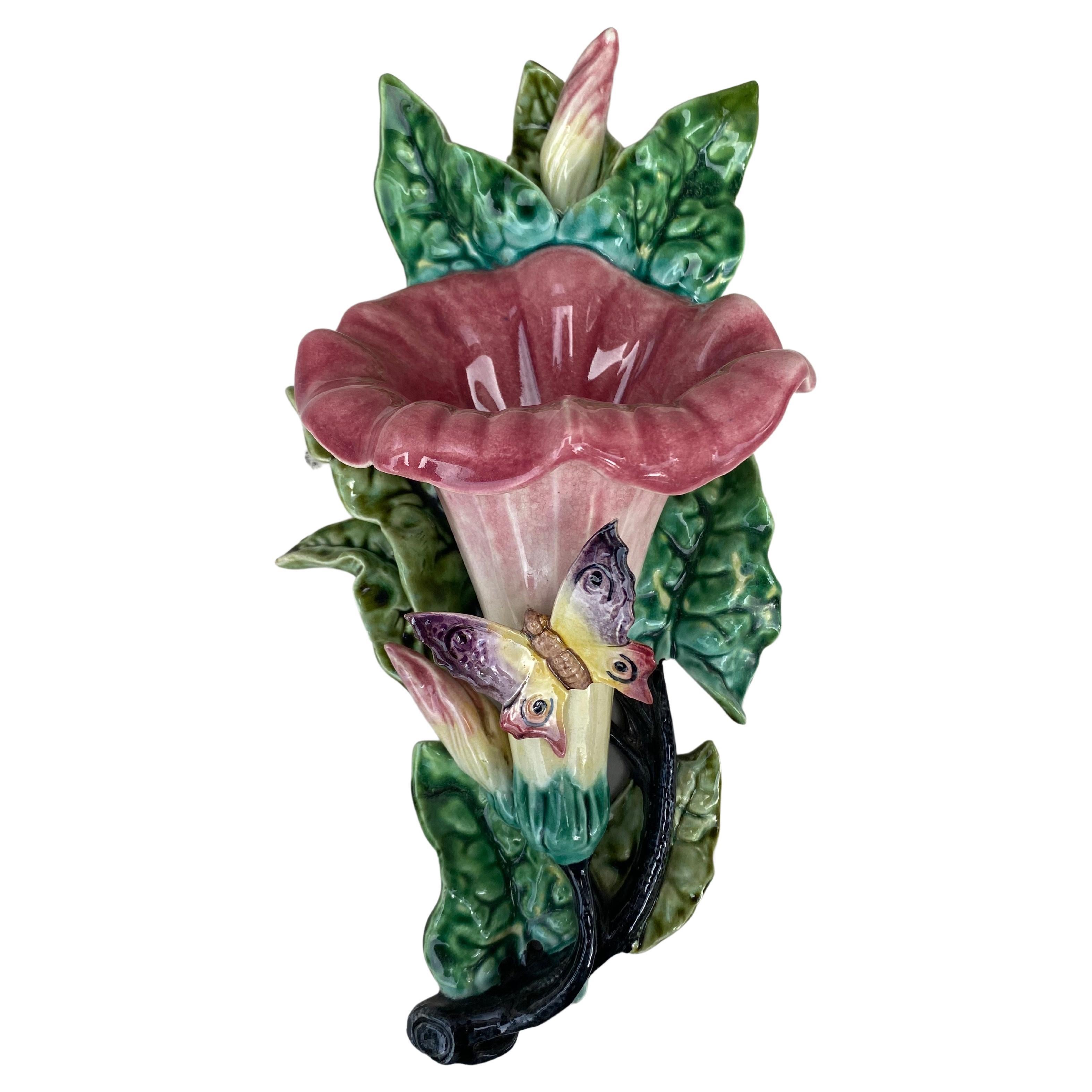 French Majolica Morning Glory Wall Pocket Fives Lille, circa 1890 For Sale