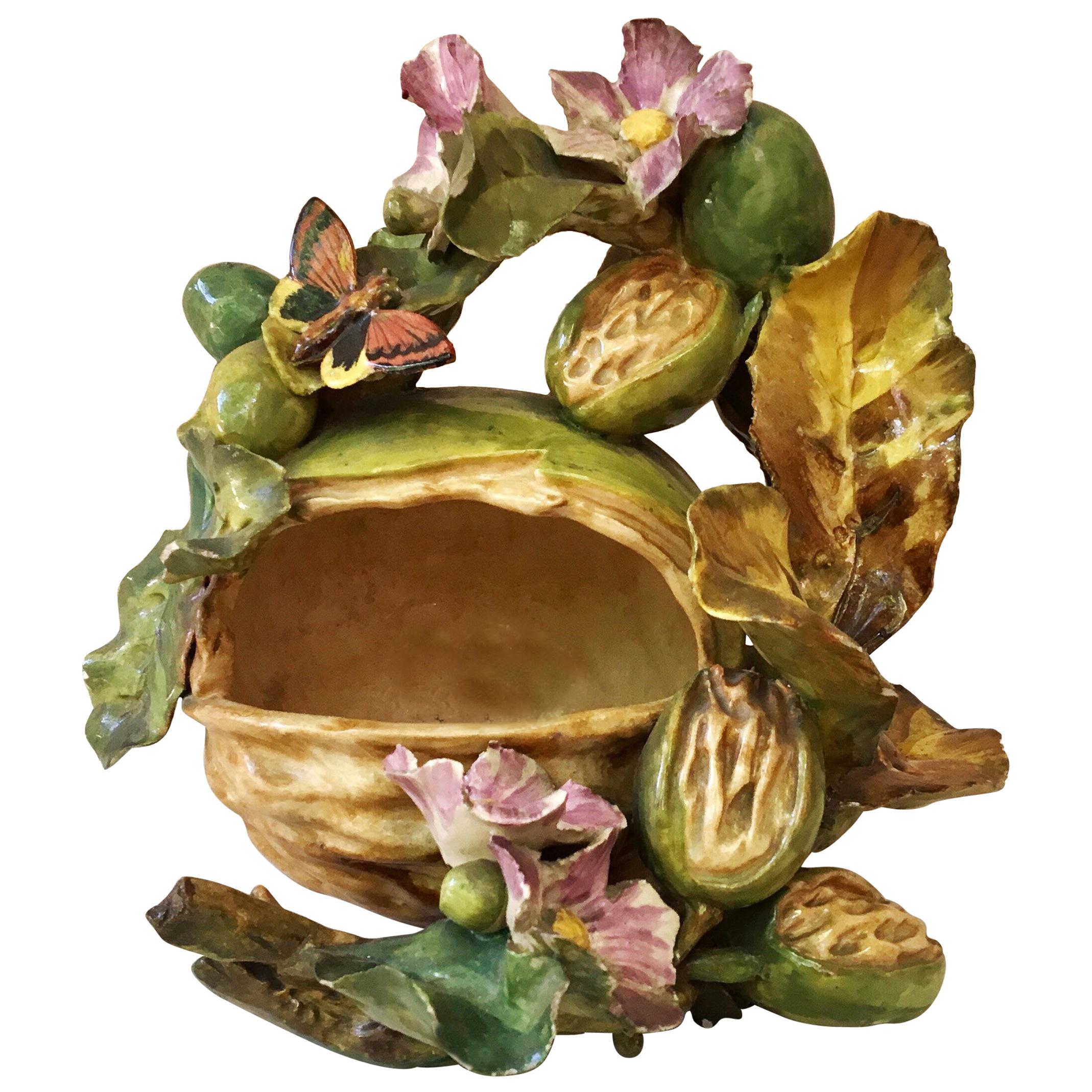 French Majolica Nut and Butterfly Jean Pointu, circa 1880
