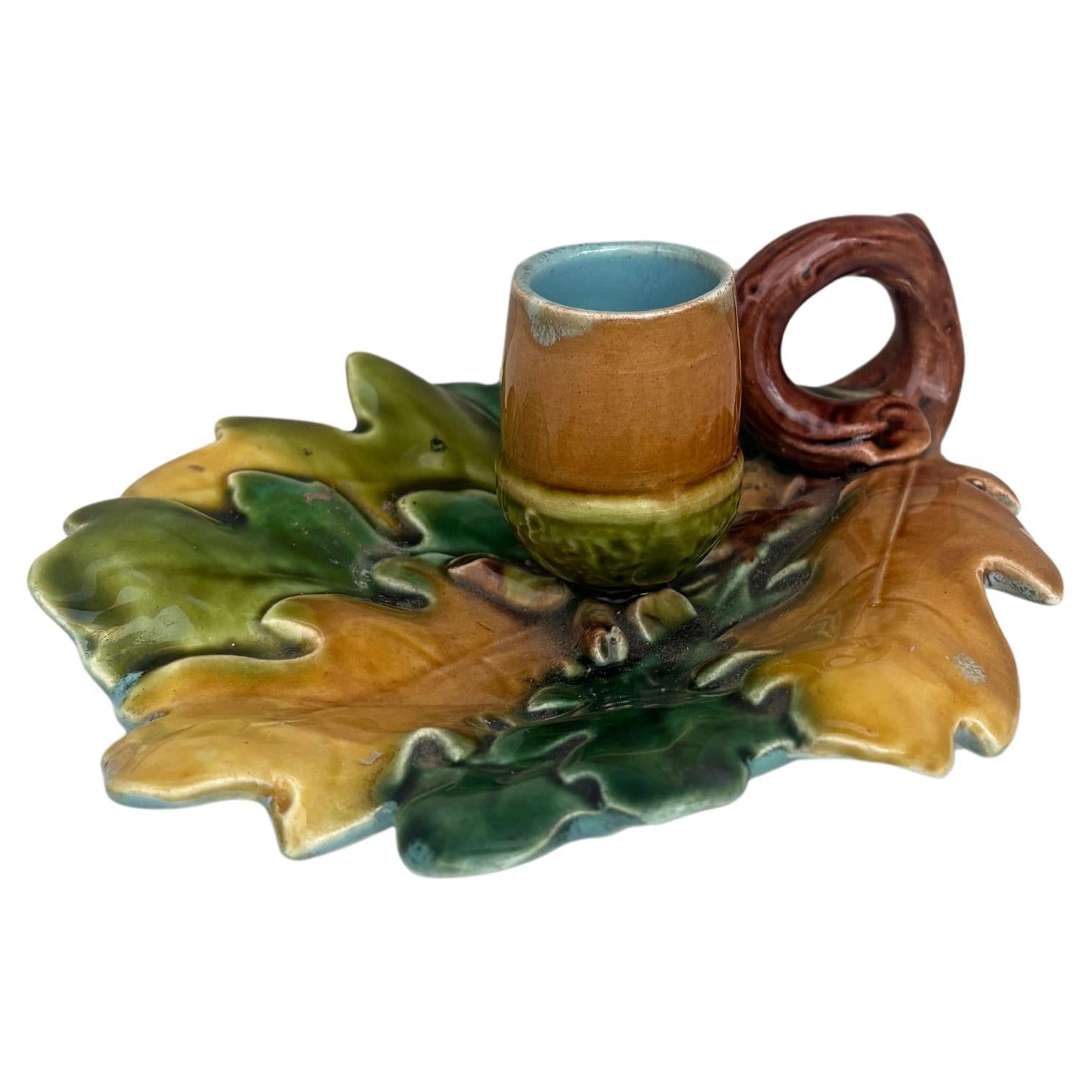 French Majolica Oak Leaves Candelstick Luneville Circa 1890 For Sale