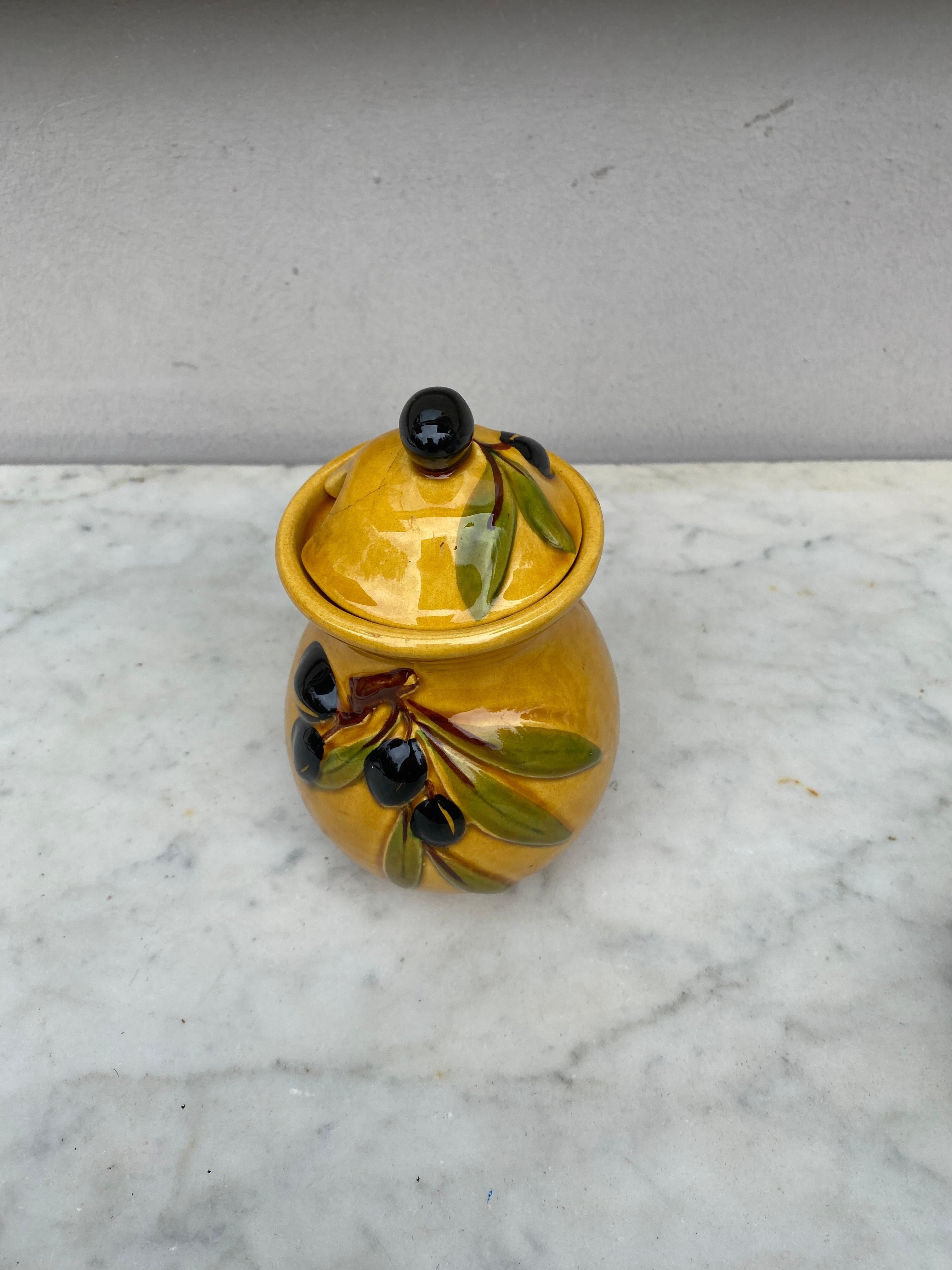 Mid-Century Modern French Majolica Olives Canister Vallauris, Circa 1950 For Sale