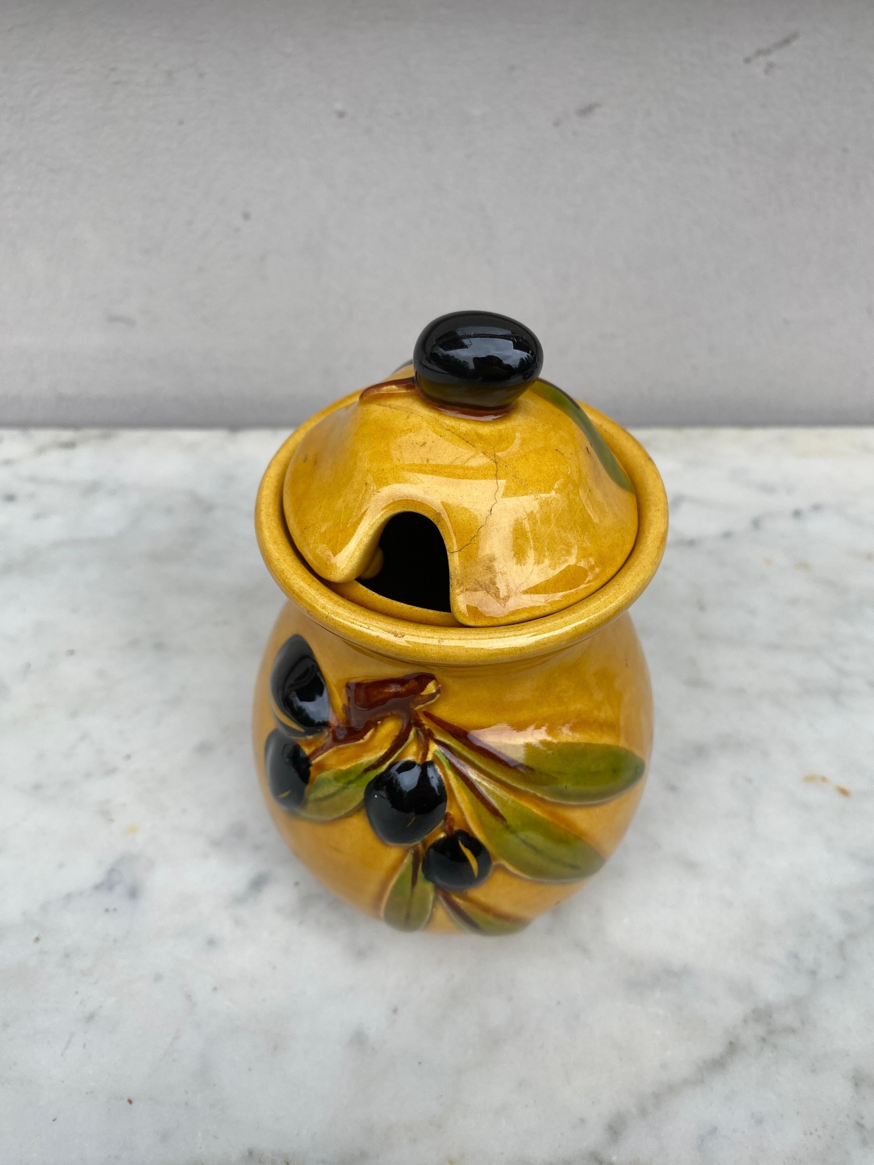French Majolica Olives Canister Vallauris, Circa 1950 In Good Condition For Sale In Austin, TX