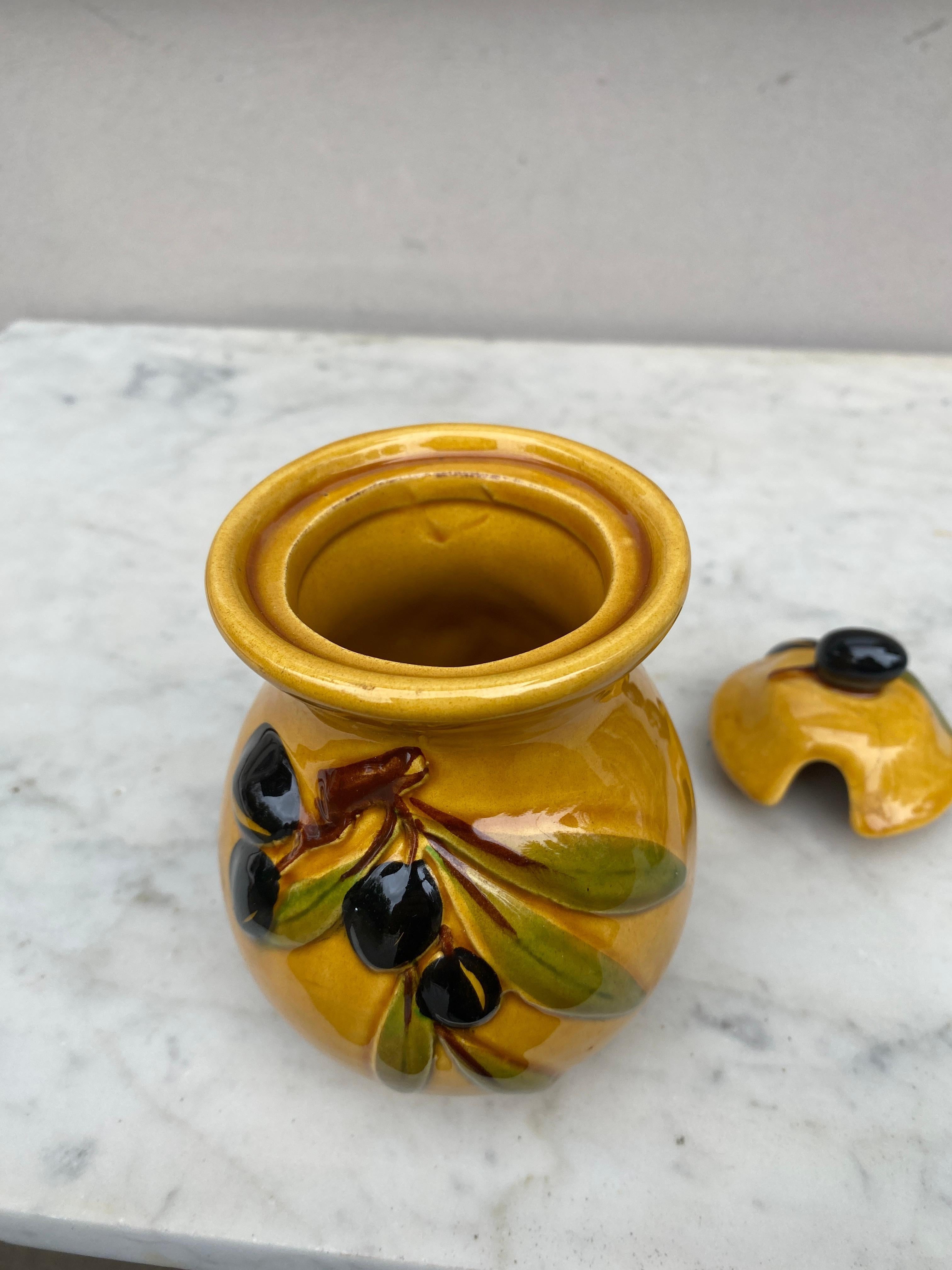 Mid-20th Century French Majolica Olives Canister Vallauris, Circa 1950 For Sale