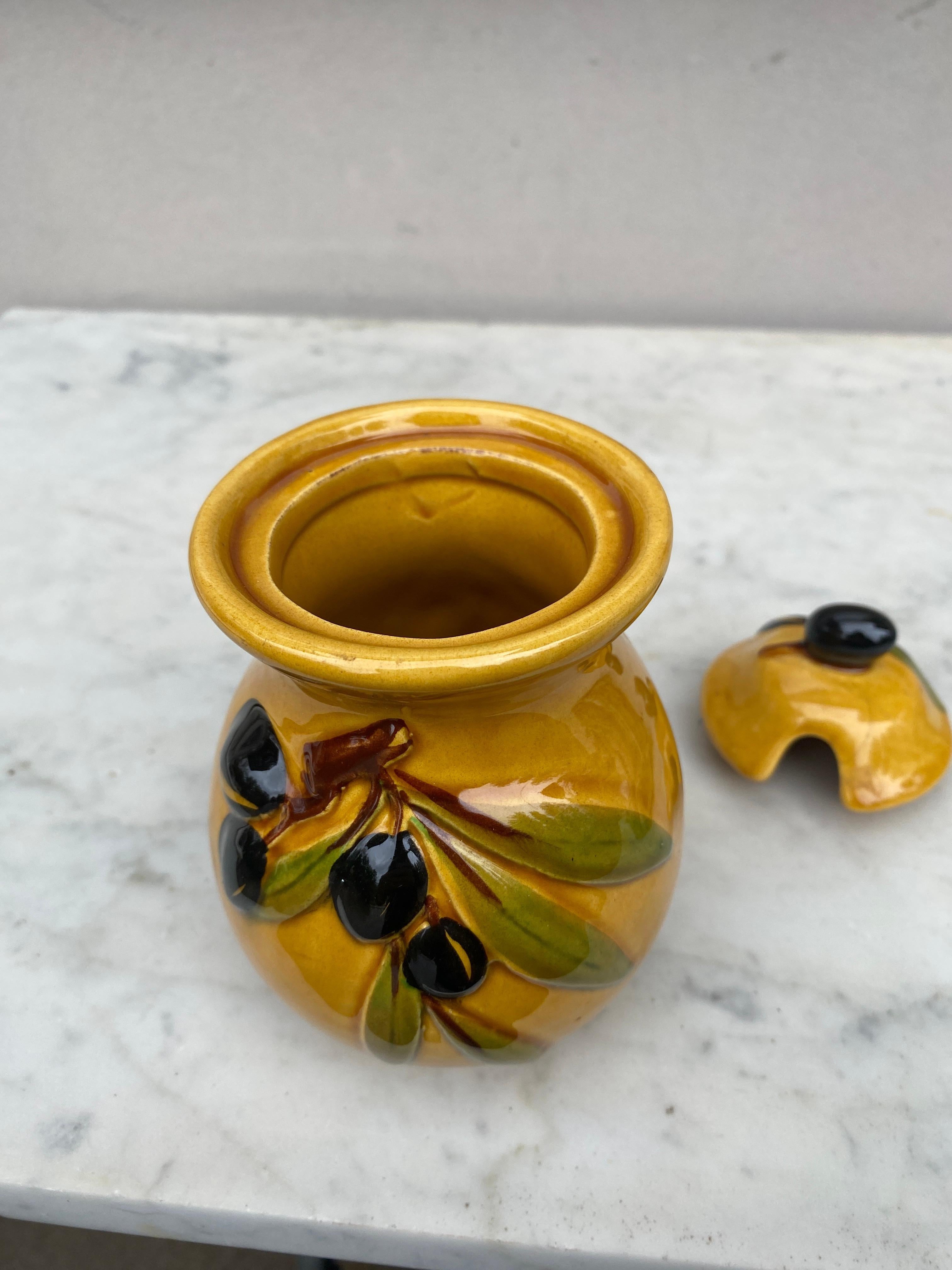 Ceramic French Majolica Olives Canister Vallauris, Circa 1950 For Sale