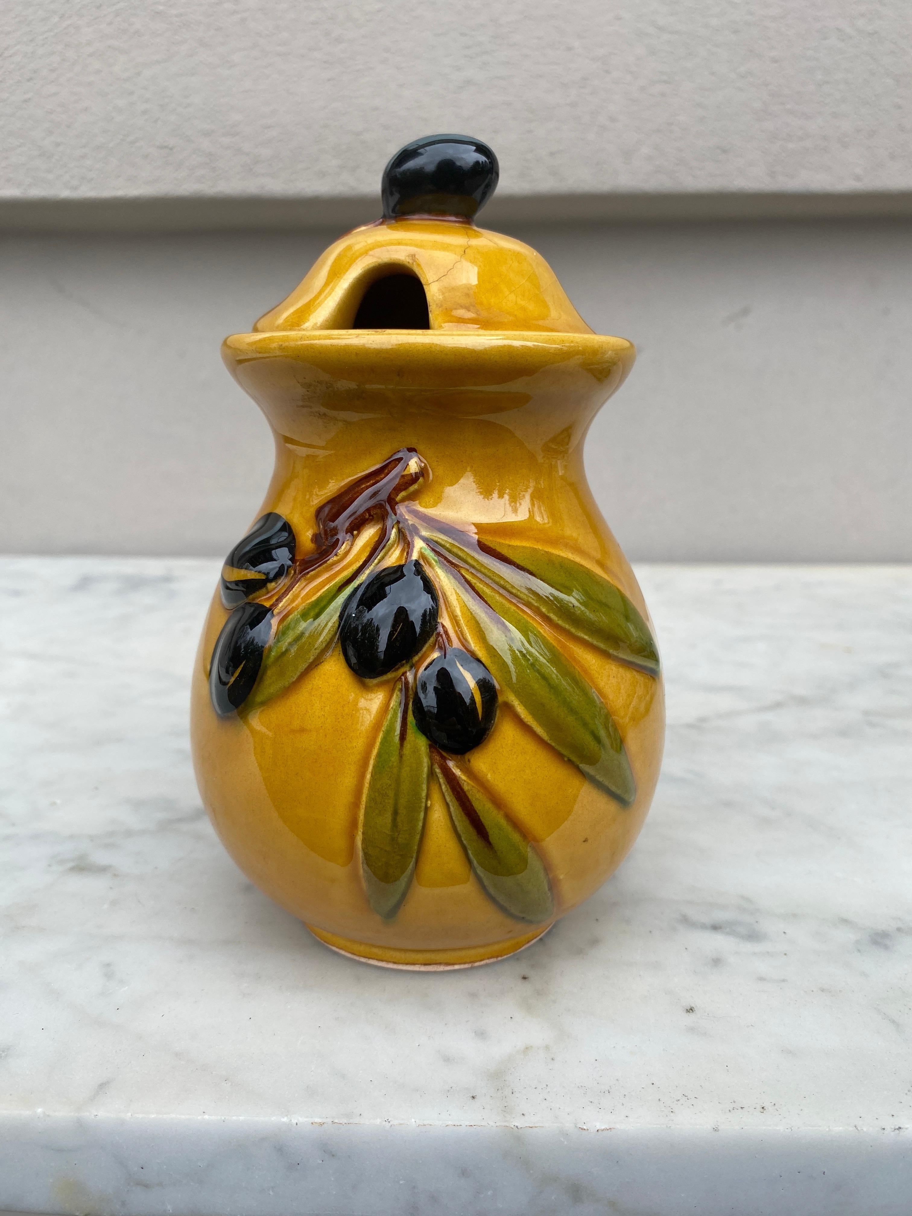 French Majolica Olives Canister Vallauris, Circa 1950 For Sale 1