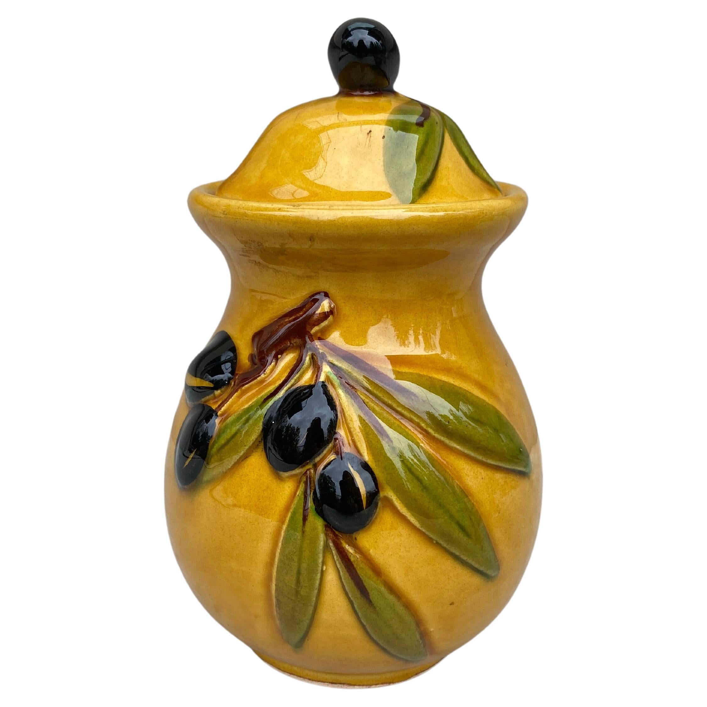 French Majolica Olives Canister Vallauris, Circa 1950 For Sale