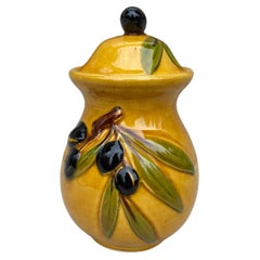 Vintage French Majolica Olives Canister Vallauris, Circa 1950