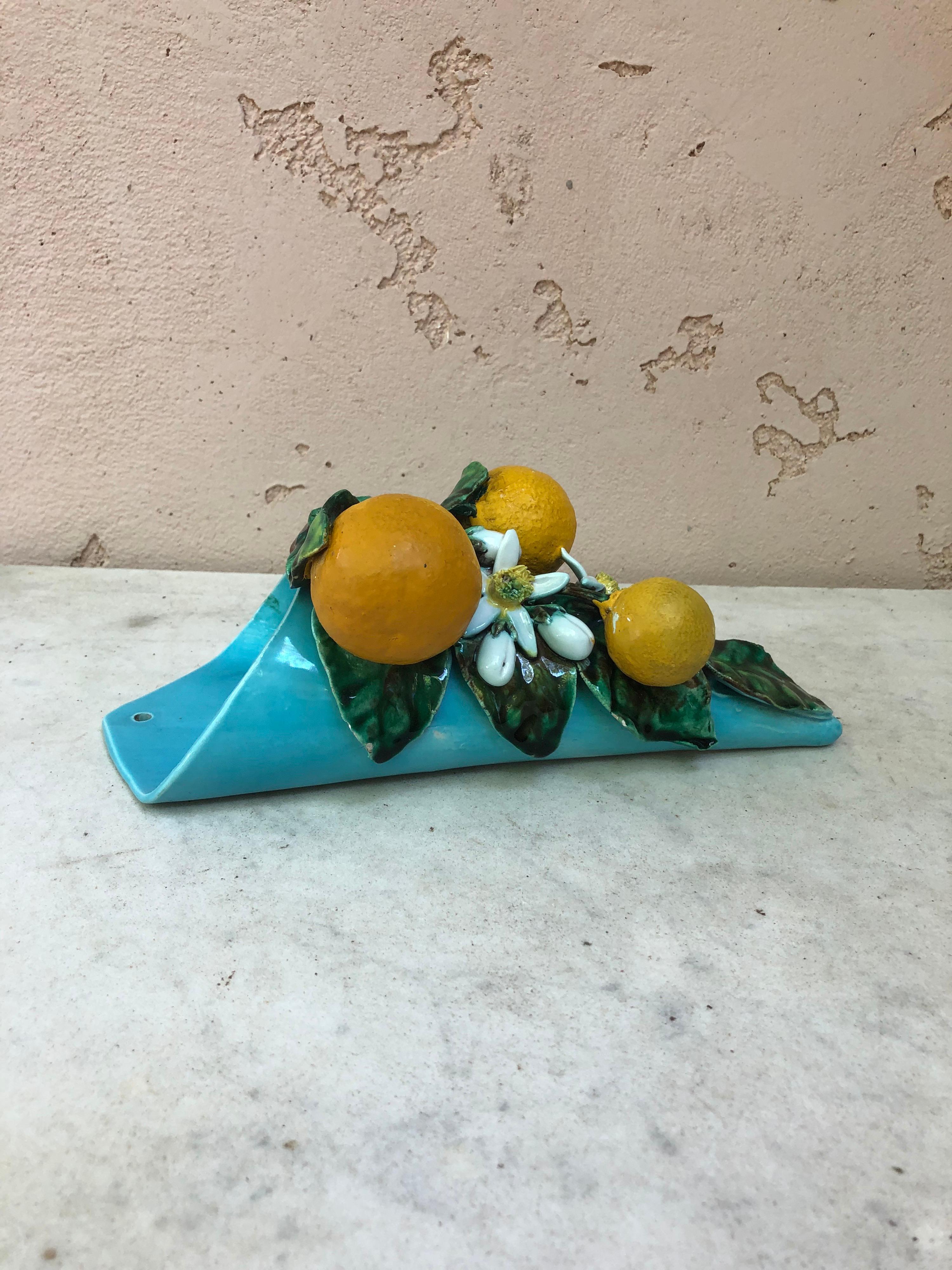 Rustic French Majolica Oranges Wall Pocket Perret Gentil Menton circa 1890 For Sale